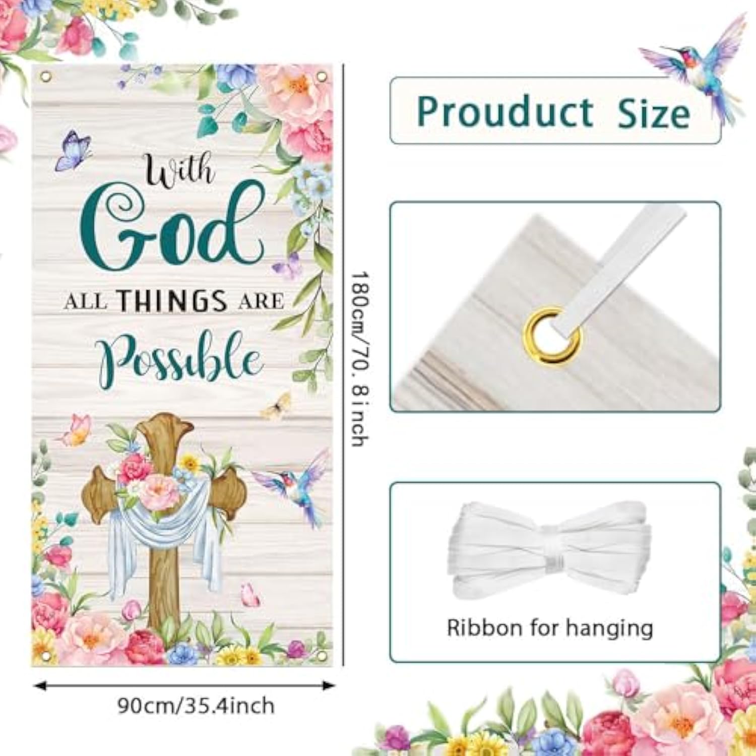 Spring Christian Door Banner With God All Things Are Possible Spring Easter Cross Banner Backdrop For Christian Holiday Photo Prop Booth 3X6Ft