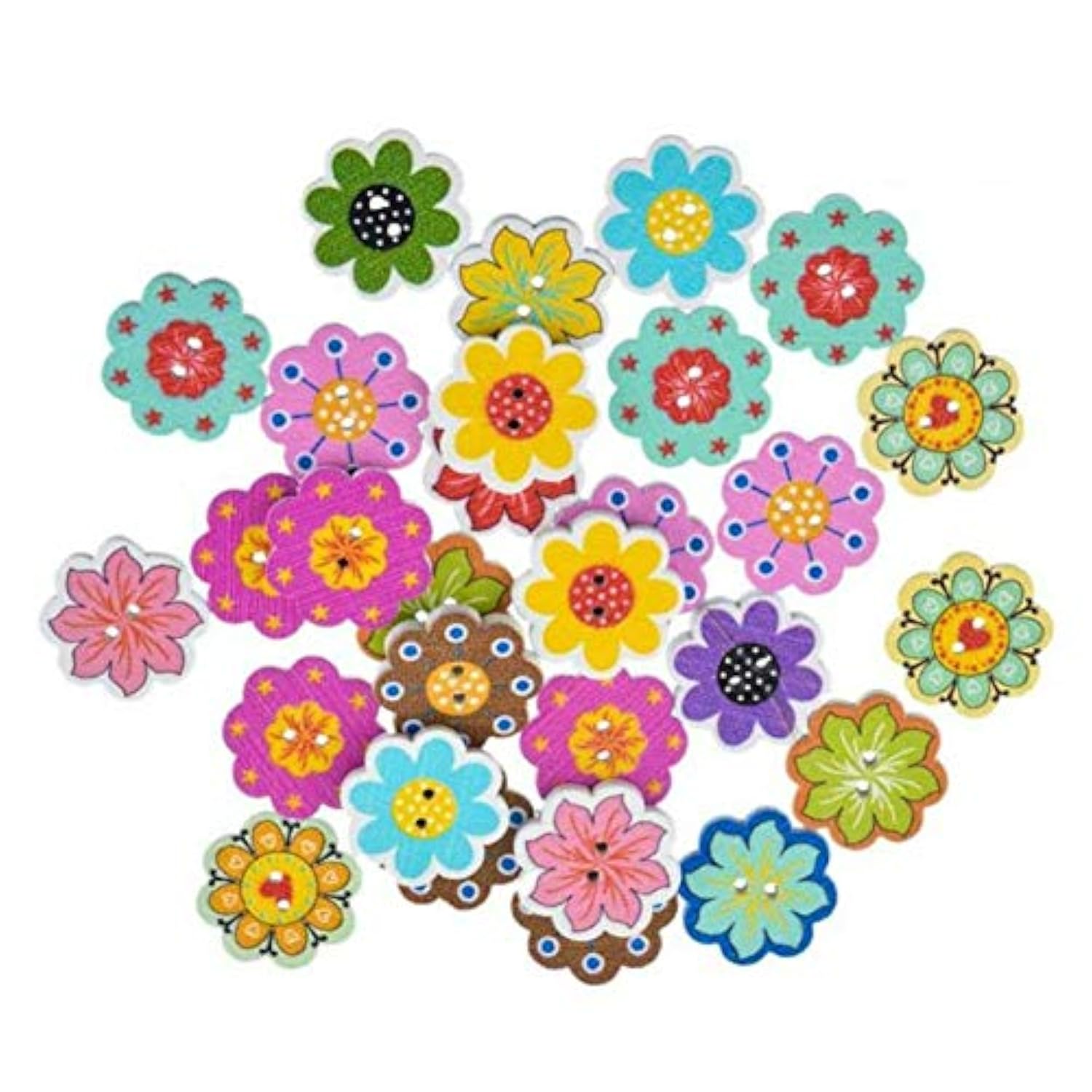 50 Pcs/Pack 20Mm Multi-Color Wooden Buttons 2-Hole Flower Shaped Butto