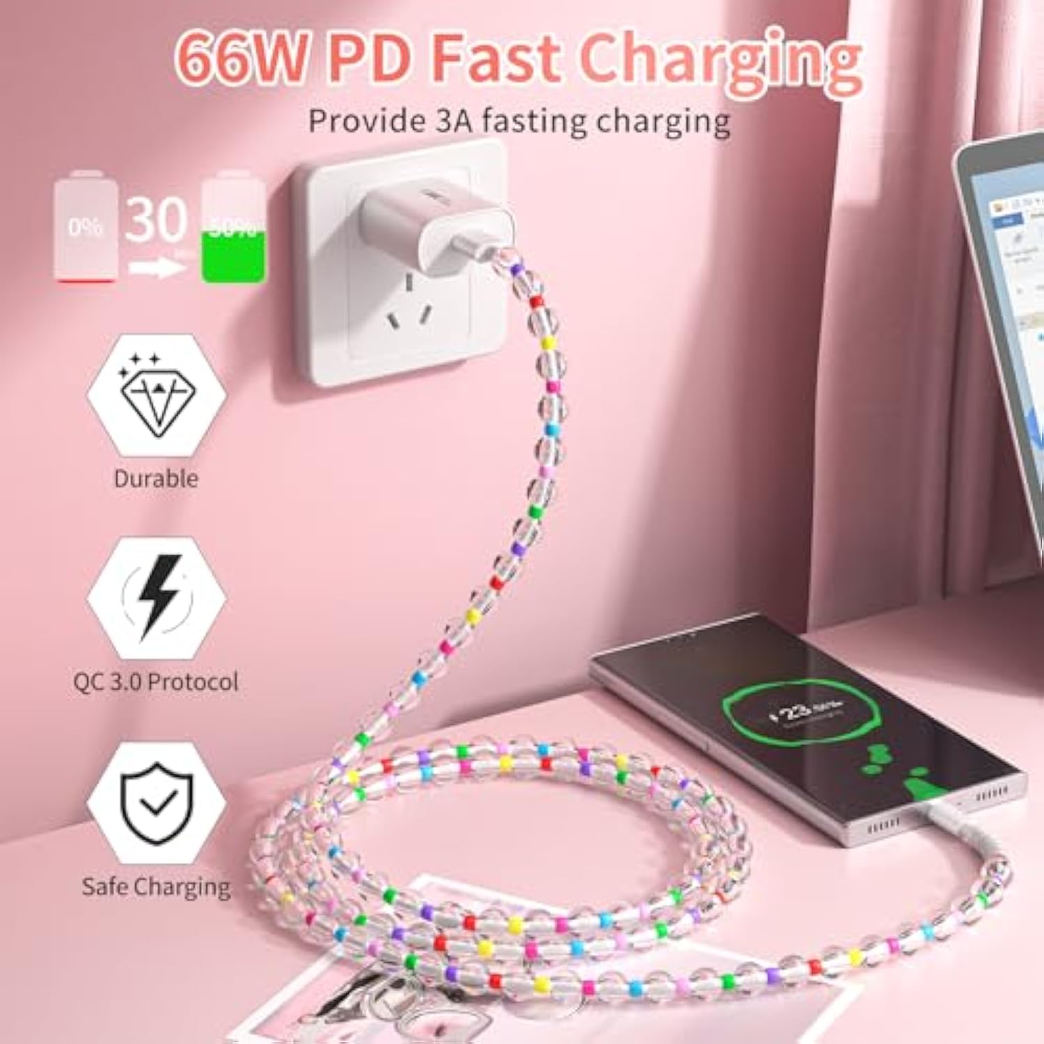 Usb C Cable 66W Fast Usb A To Usb C Charging Cable 6.6Ft/2M Long Cute Beaded For Iphone Charger Pearl Usb Type C Charger Cord For Iphone 17 16 Pro/16 Pro Max/16 Plus15 Pro Max Plus Transparent