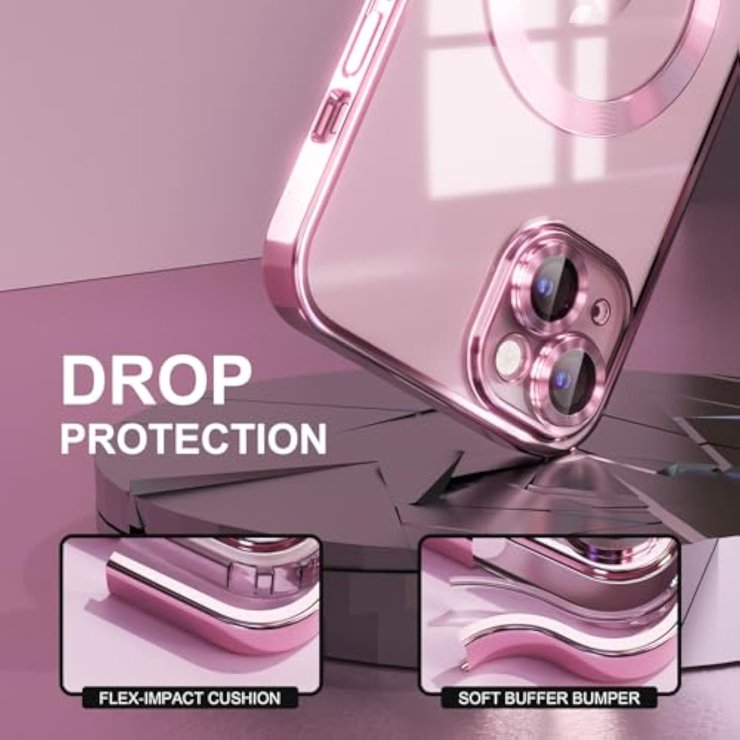 Magnetic For Iphone 15 Case Compatible With Magsafe [Never Yellowing] [ Grade Drop Protection] Full Camera Lens Protector Plating Soft Clear Phone Case For Women Girls, Pink