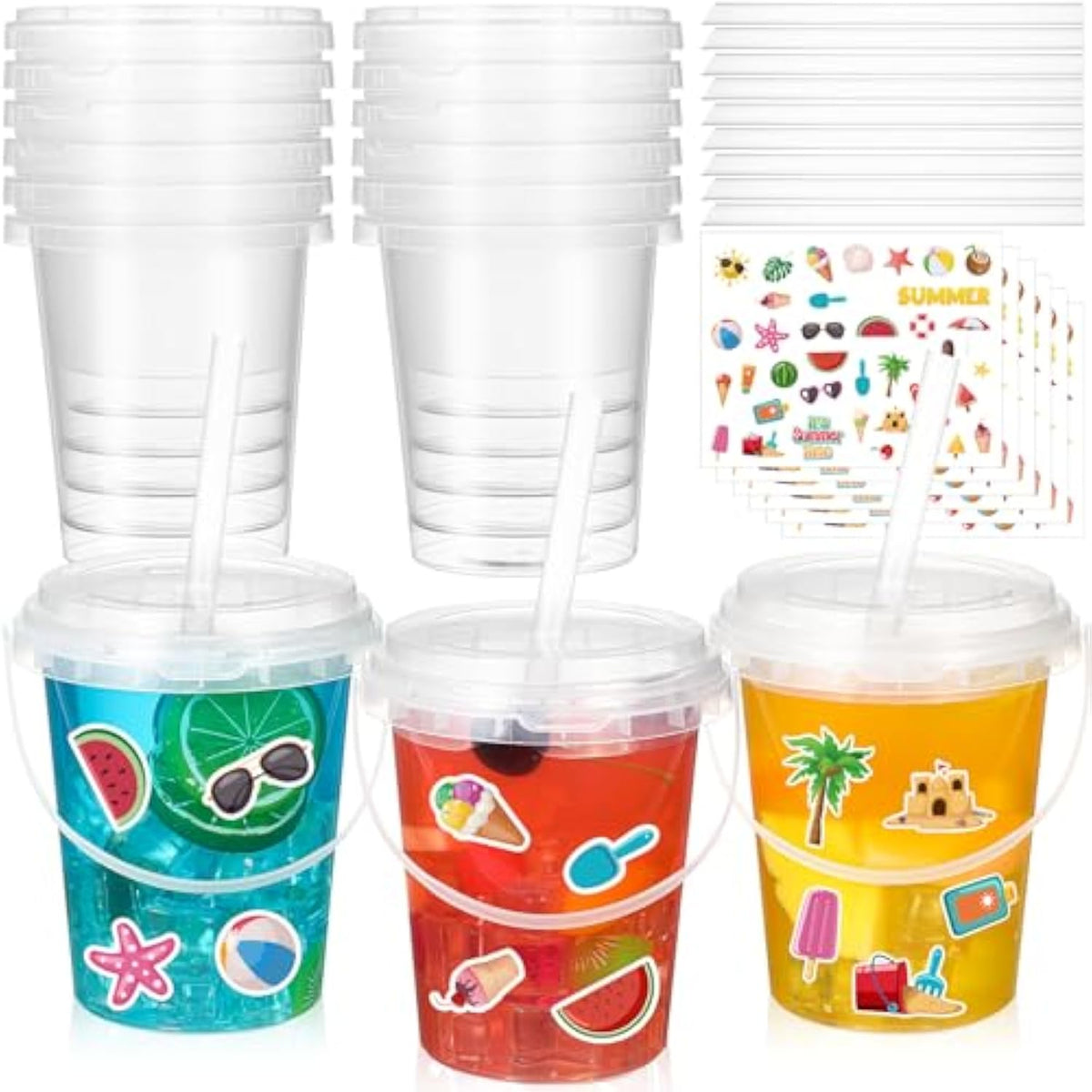 12 Sets 34 Oz Plastic Drink Buckets With Lid And Straws 6 Sheets Summer Stickers Clear Drink Cup Disposable Cocktail Rum Buckets Reusable Ice Cream Pails For Summer Beach Pool Party Favors