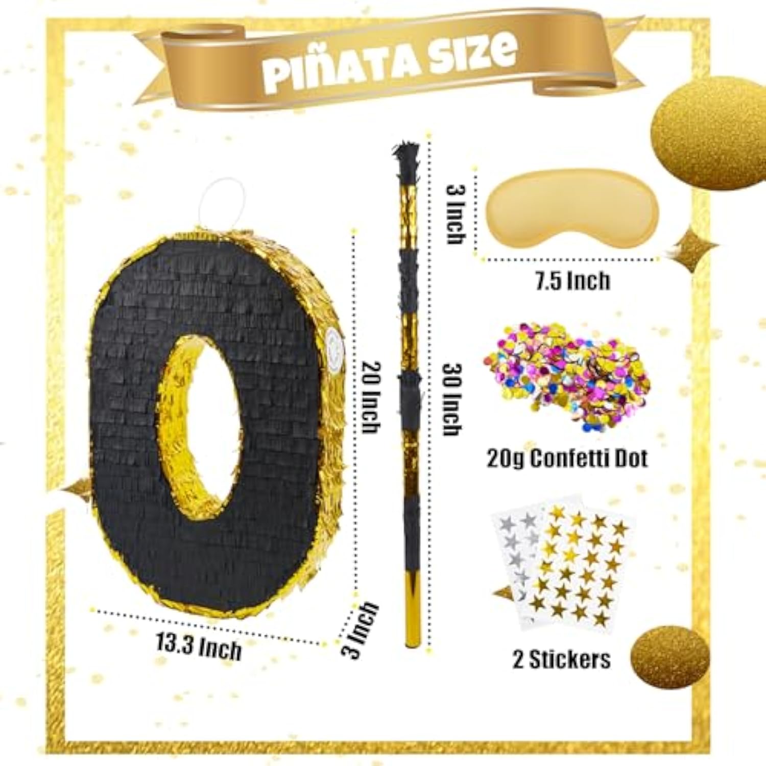 20 Inch Number 7 Piñata Gold Black With 30 Inch Piñata Stick Blindfold Confetti For Man Women Boys Girls Birthday Party Decorations, Anniversary Celebration, Fiesta