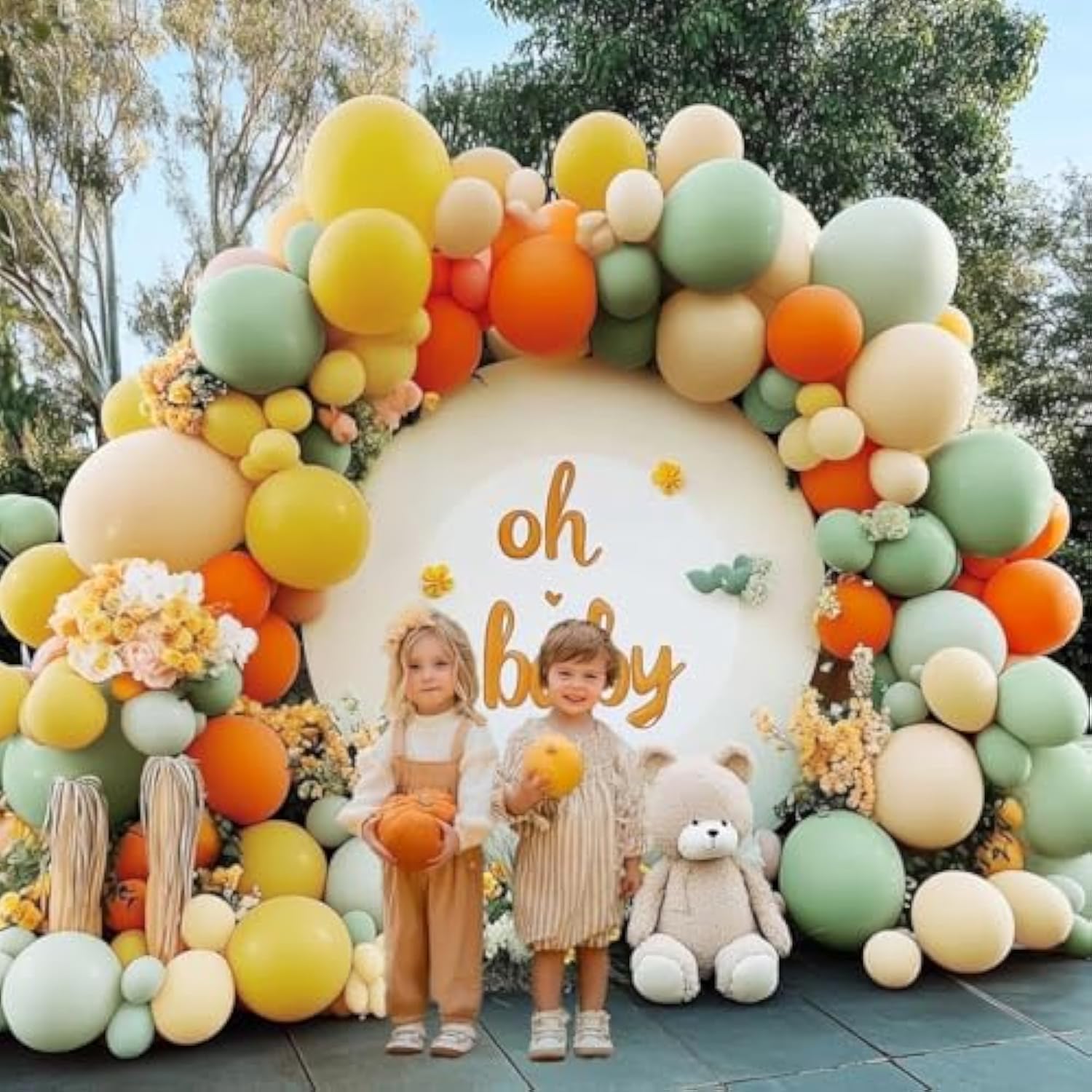 Dusty Green Orange Balloon Arch Kit with Sage Yellow Beige Balloons for Baby Shower