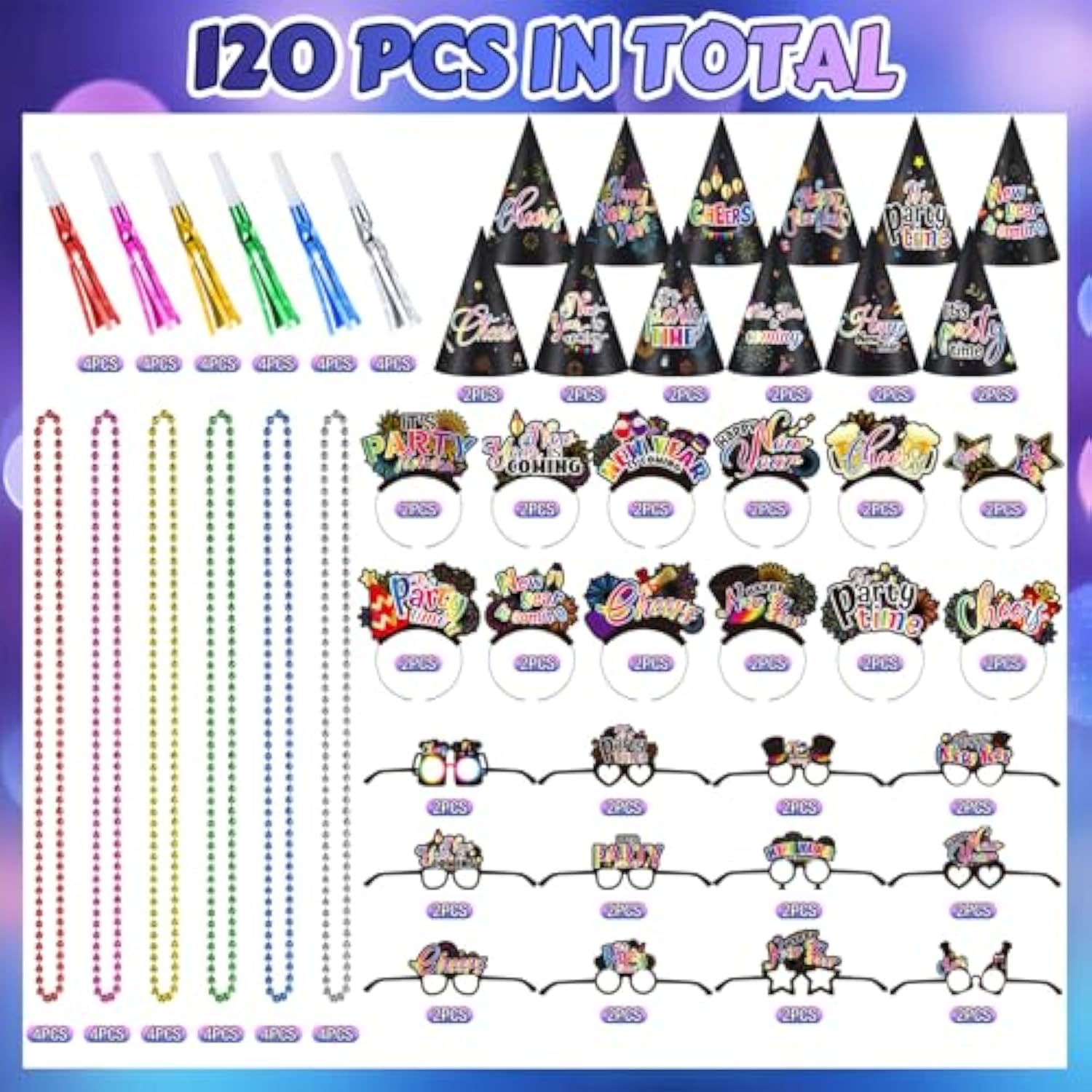 120 Pc New Year 2026 Party Supplies Glasses Hats Noise Makers Beads
