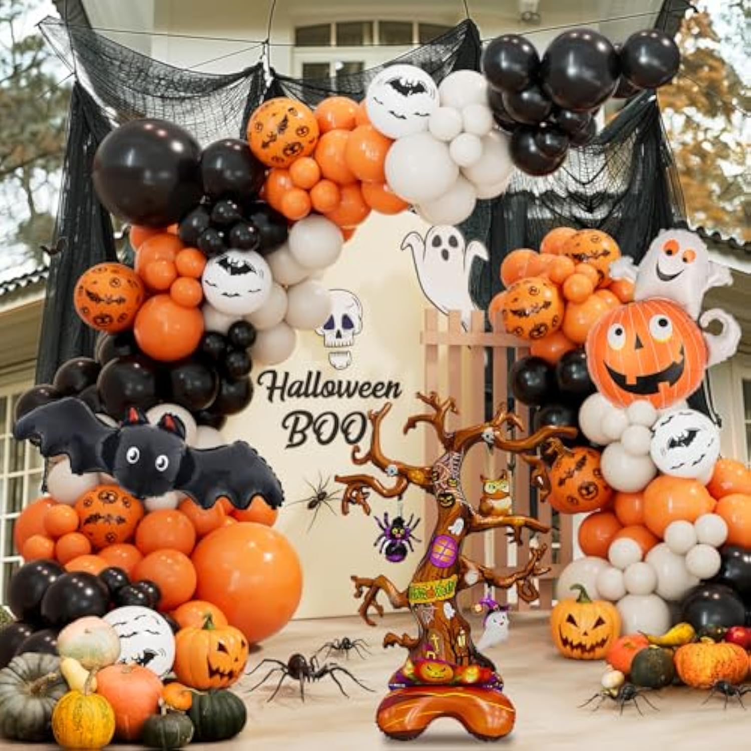 Halloween Balloon Garland Arch Kit Black Orange Sand White Balloons Bats Pumpkin Party Decorations