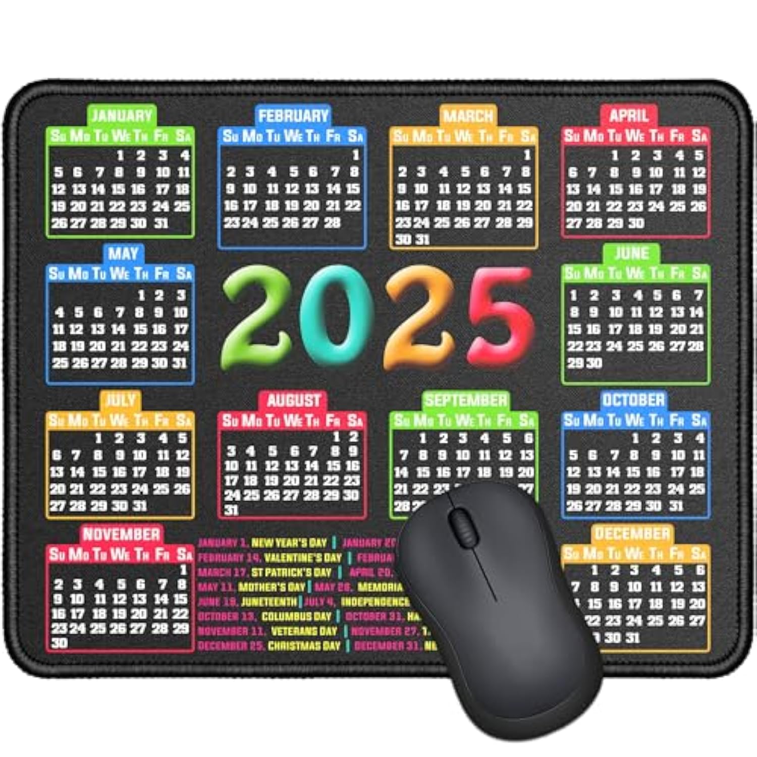 Mouse Pad With Stitched Edge, Computer Mouse Pad With Nonslip Rubber Base, Mouse Pads For Computers Laptop Mouse 9.6X7.9X0.1 Inch, (2025 Calendar Black)