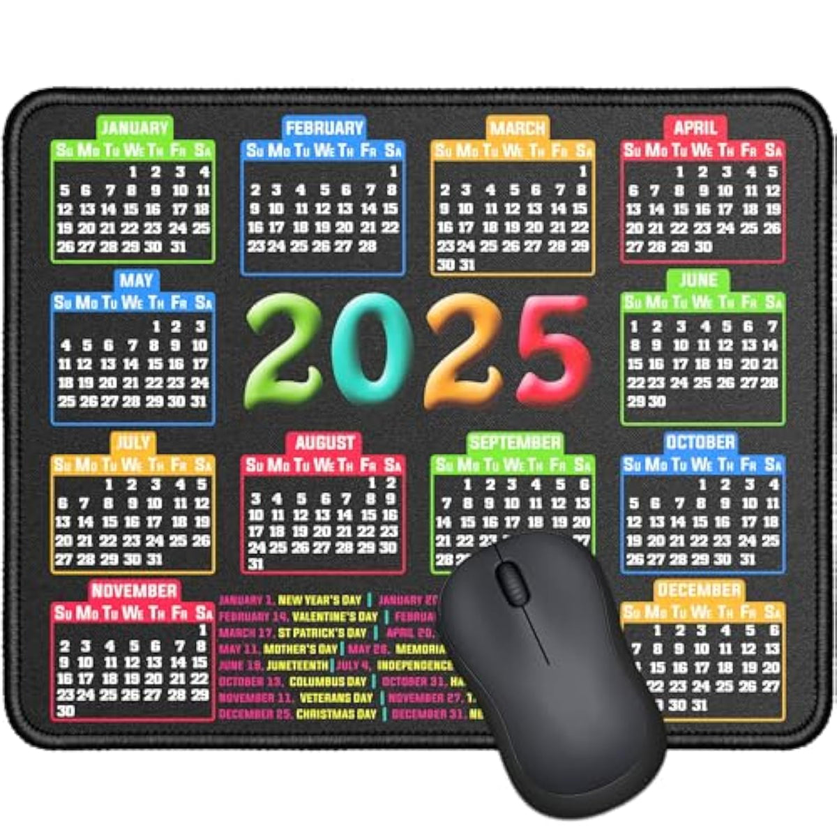 Mouse Pad With Stitched Edge, Computer Mouse Pad With Nonslip Rubber Base, Mouse Pads For Computers Laptop Mouse 9.6X7.9X0.1 Inch, (2025 Calendar Black)