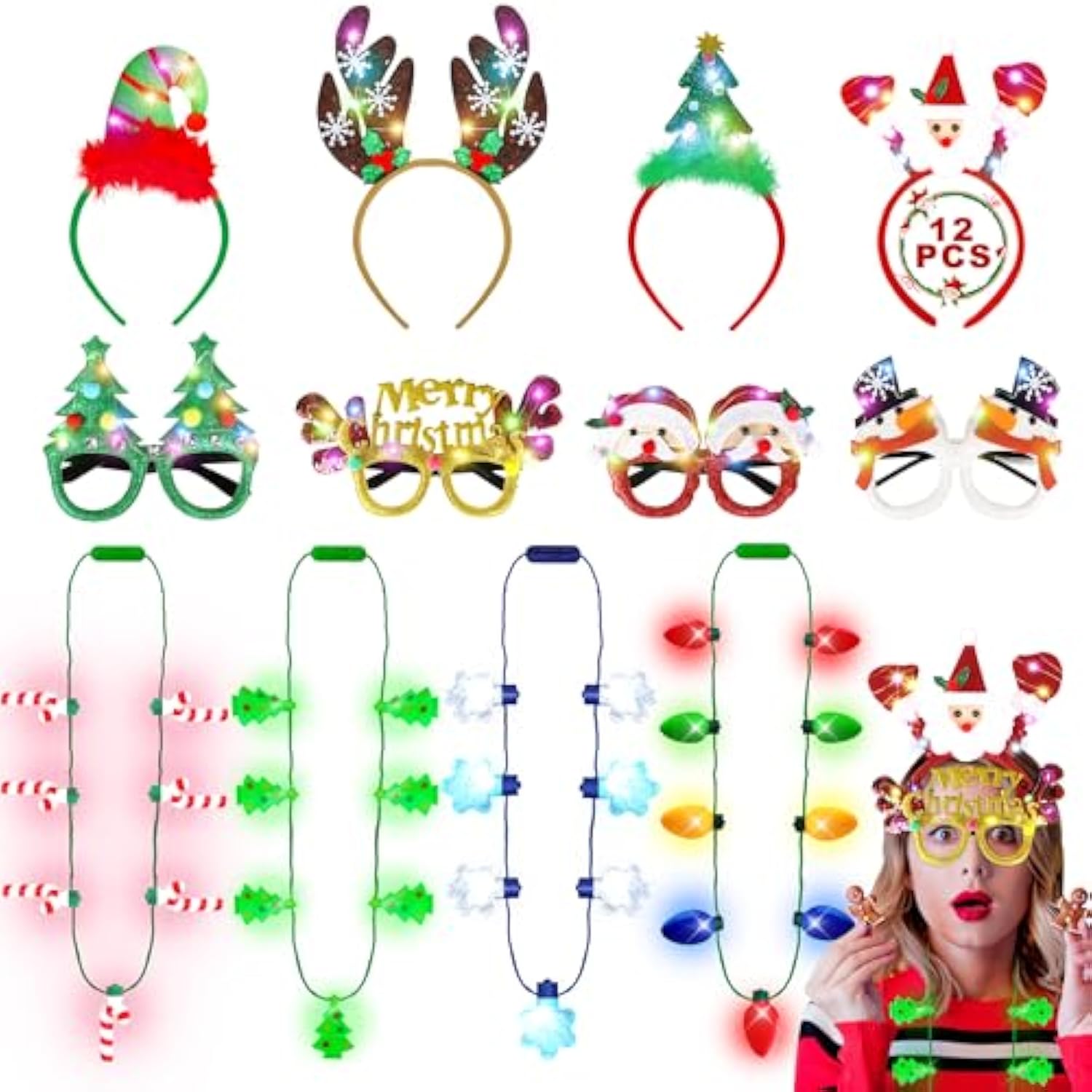 12 Pcs Christmas Party Favors, Light Up Christmas Necklace Headband Glasses Set, Candy Cane Snowflake Tree Bulb Necklace Led Headband Flashing Eyeglasses For Xmas Gifts, Christmas Accessories