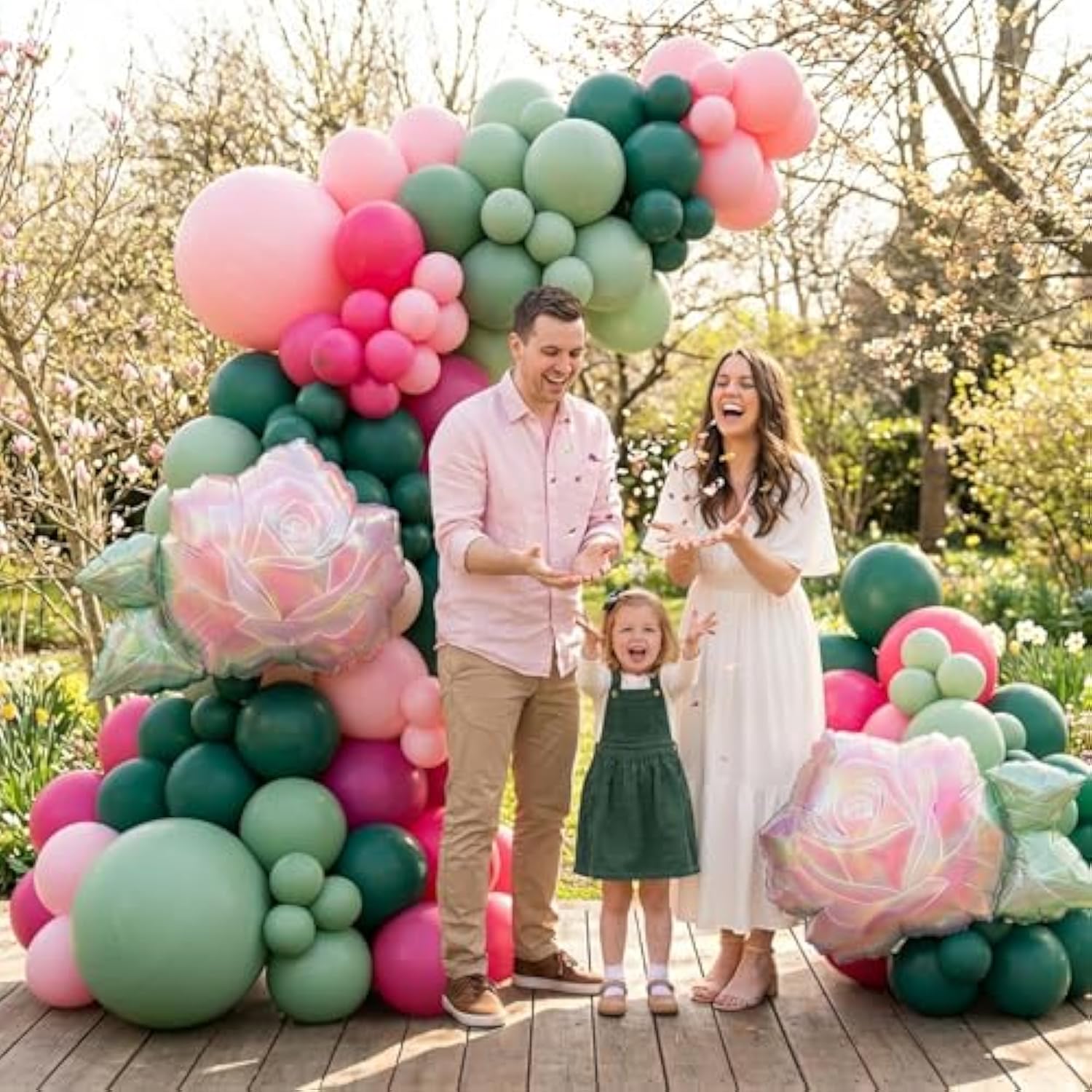 Spring Flower Balloon Garland Kit With Sage Green Hot Pink & Blush Pink Balloons With Flower Foil Balloons For Baby In Bloom Decorations Butterfly Birthday Floral Garden Tea Party Decorations