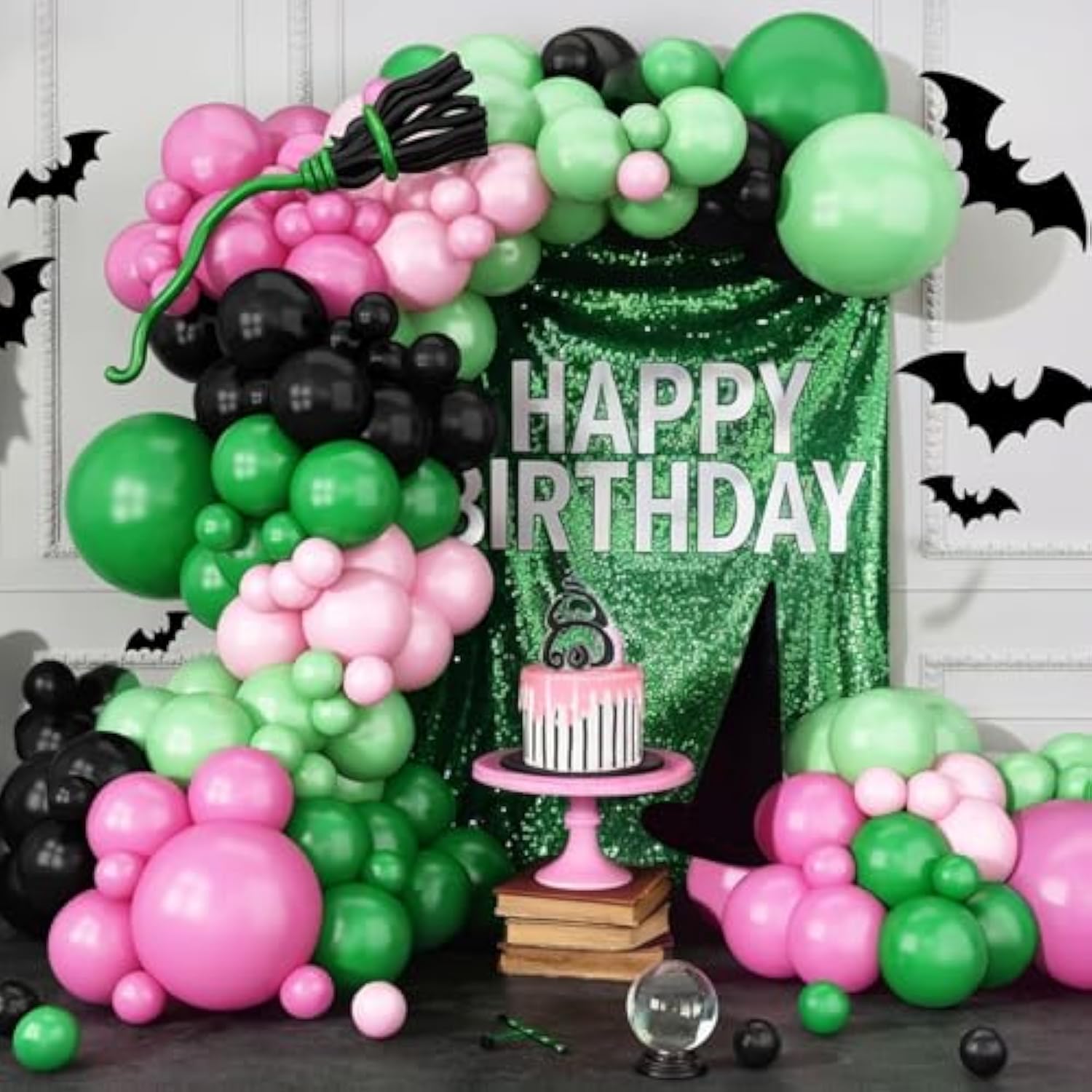 Pink Green Black Balloon Arch Kit,130Pcs Black Green Pink Witch Balloon Garland With Long Latex Balloons Different Size For Birthday Halloween Party Decoration