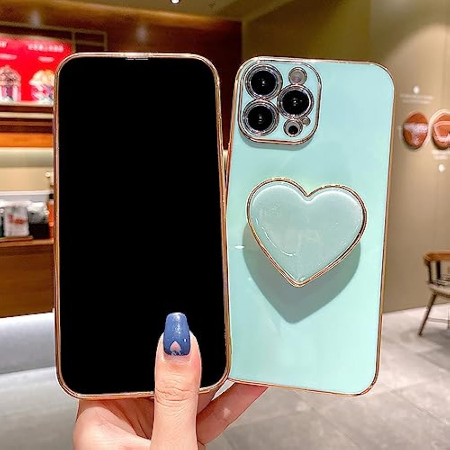 Cute Case For Iphone 16 Pro Max, Phone Case Green With Heart Holder Stand Kickstand Soft Tpu Shockproof Protective Cover, Luxury Plating Bumper Case For Girls Women (For Iphone 16 Pro Max)