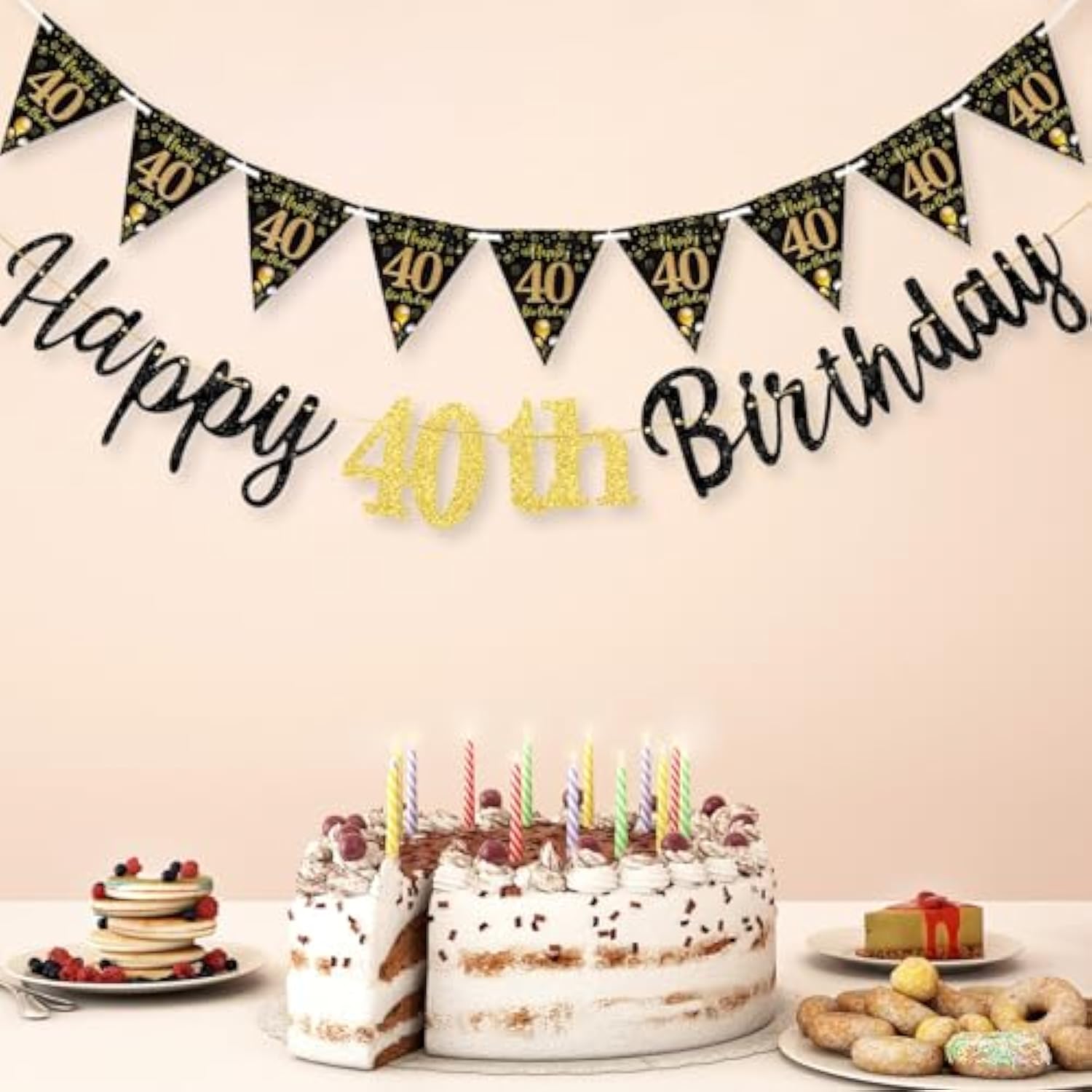Black Gold 40th Birthday Banner for Men and Women Party Decor