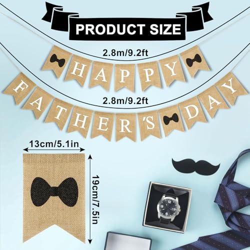 Happy Father's Day Banner Fathers Day Bow Tie Burlap Hanging Banner Garland Rustic Party Decoration for Dad Daddy Birthday Indoor Outdoor Mantel Fireplace Decor Supplies