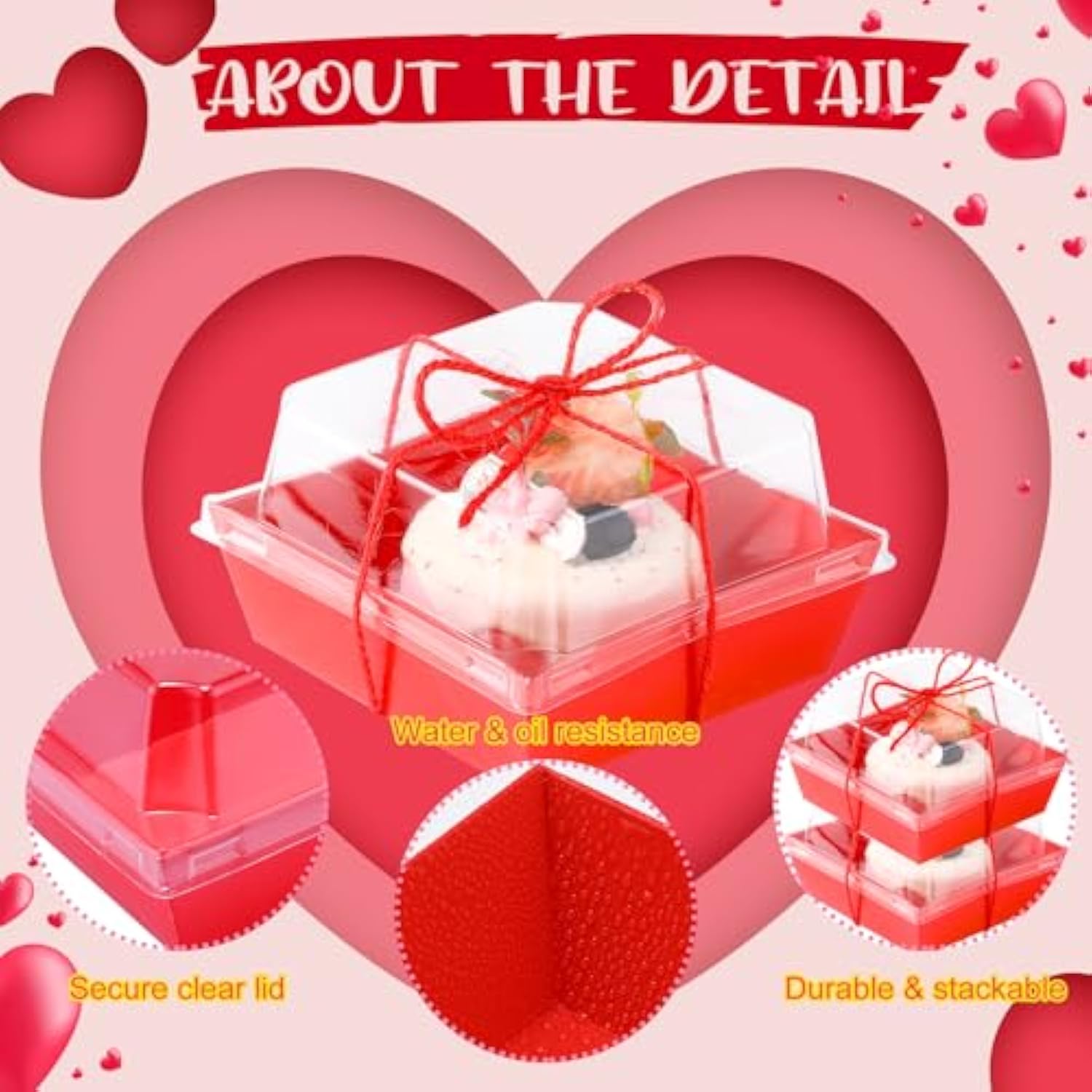 50 Pack Valentine‘S Day Charcuterie Boxes With Clear Lids And Rope 4 Disposable Square Dessert Boxes Pink Red Food Box Charcuterie Container For Valentines Mothers Day Wedding Party Favors