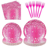 96Pcs Hot Pink Silver Birthday Party Supplies Hot Pink Plates Disposable 350Gsm Paper Tableware Set For Girls Women Silver Glitter Wedding Bridal Shower Birthday Party Decorations, Serves 24