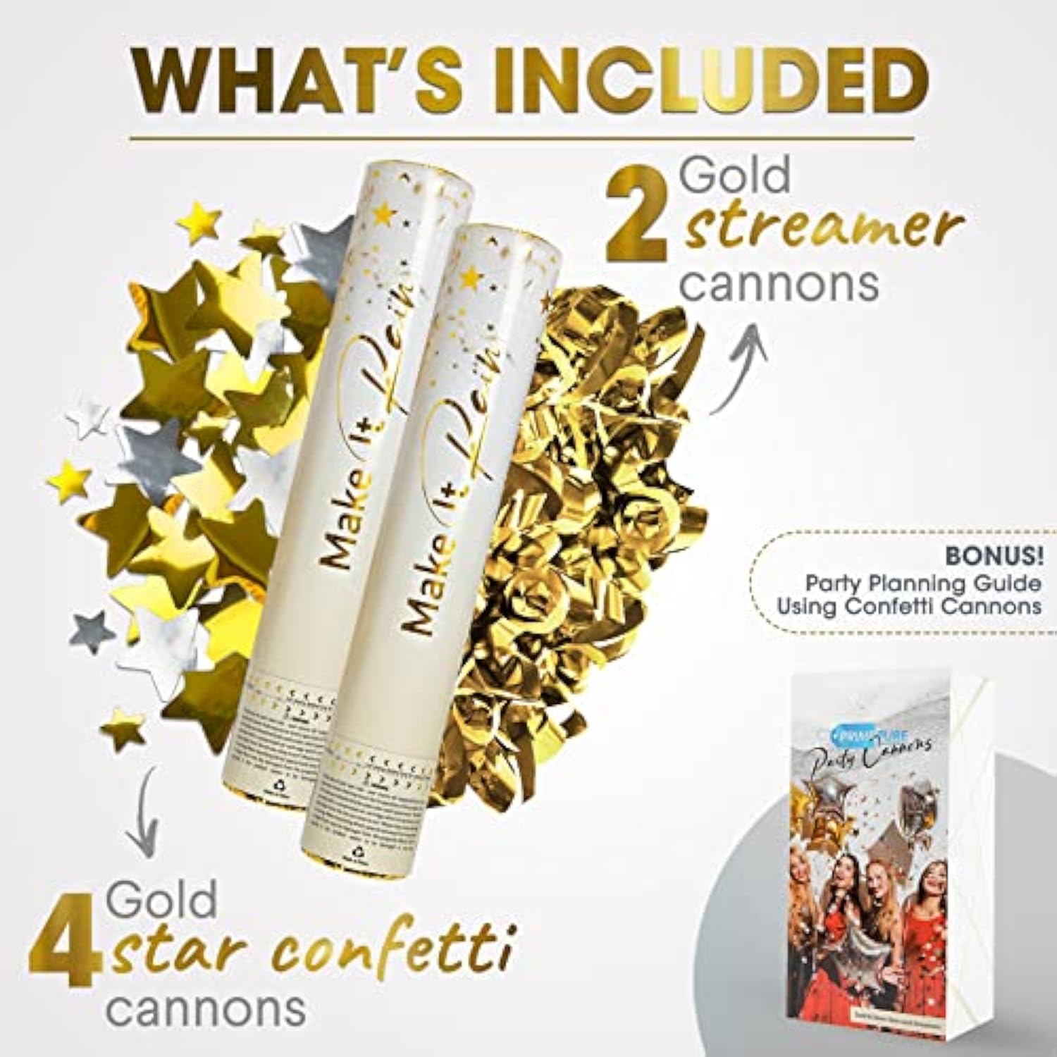 6pcs Gold Star Confetti Cannons Party Poppers for New Year 2026 Celebration