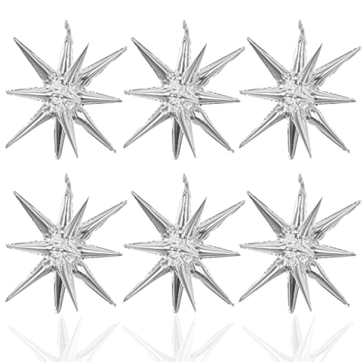 6 Pcs Silver Star Foil Balloons, 14-Pointed 4D Starburst Mylar Balloons for Parties