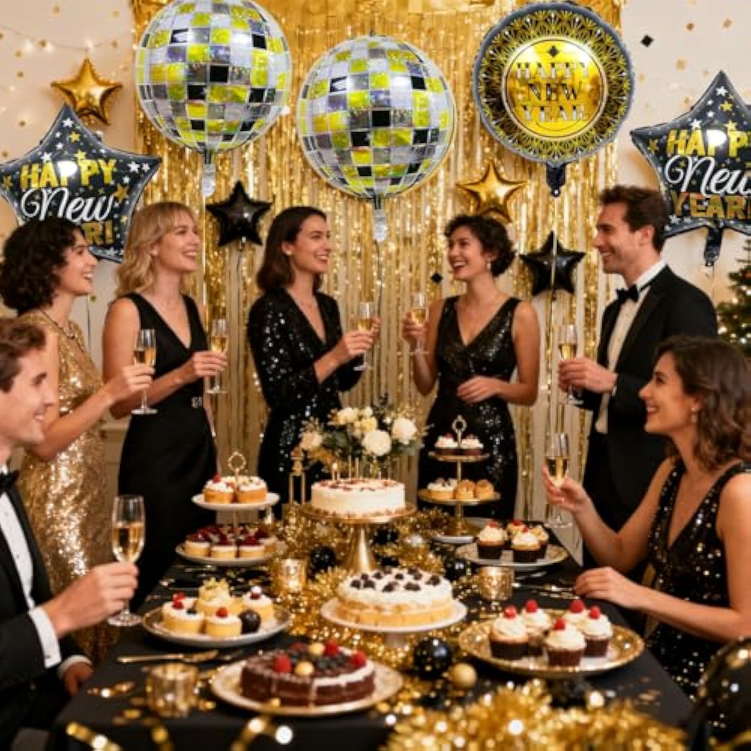 5 Pcs Black & Gold New Year Foil Balloons 4D Disco Party Decor