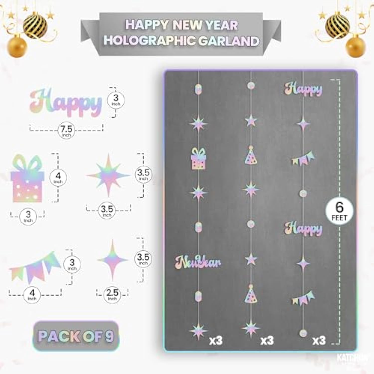 Iridescent Happy New Year 2026 Garland 6.5 Ft Party Decorations