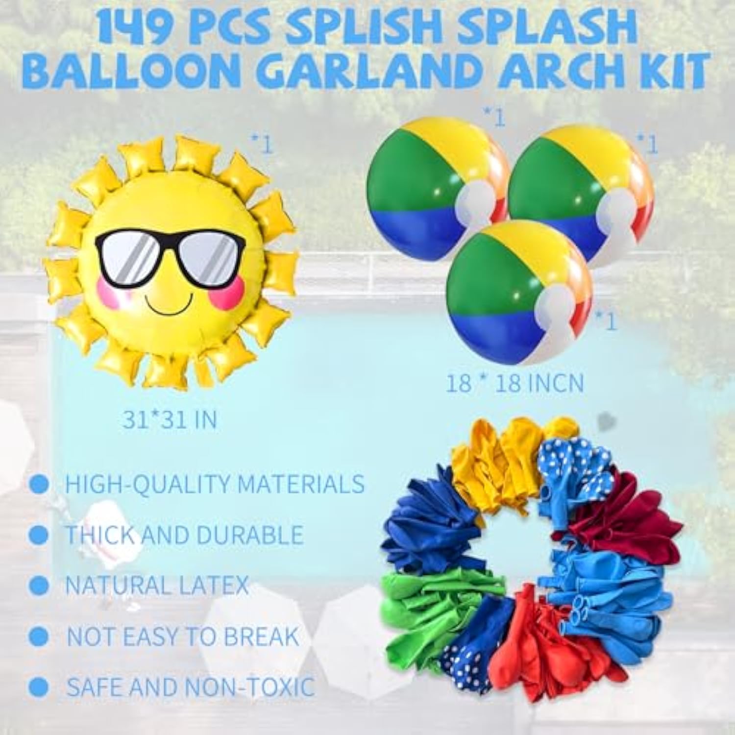 149 Pcs Summer Pool Beach Party Decorations Tropical Hawaiian Luau Balloon Garland Arch Kit Beach Ball Sun Foil Balloons For Summer Splish Splash Pool Party Birthday Decorations Supplies