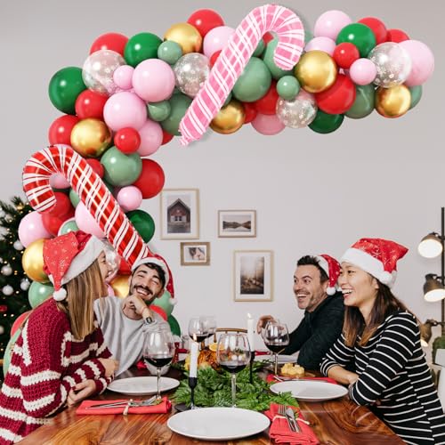 Christmas Balloon Garland Arch kit for Girls, Dark Sage Green Pink Red Gold Snowflake Xmas Balloon Arch with Red Pink Candy Cane Foil Balloons Set for Women New Year Holiday Birthday Party Decorations