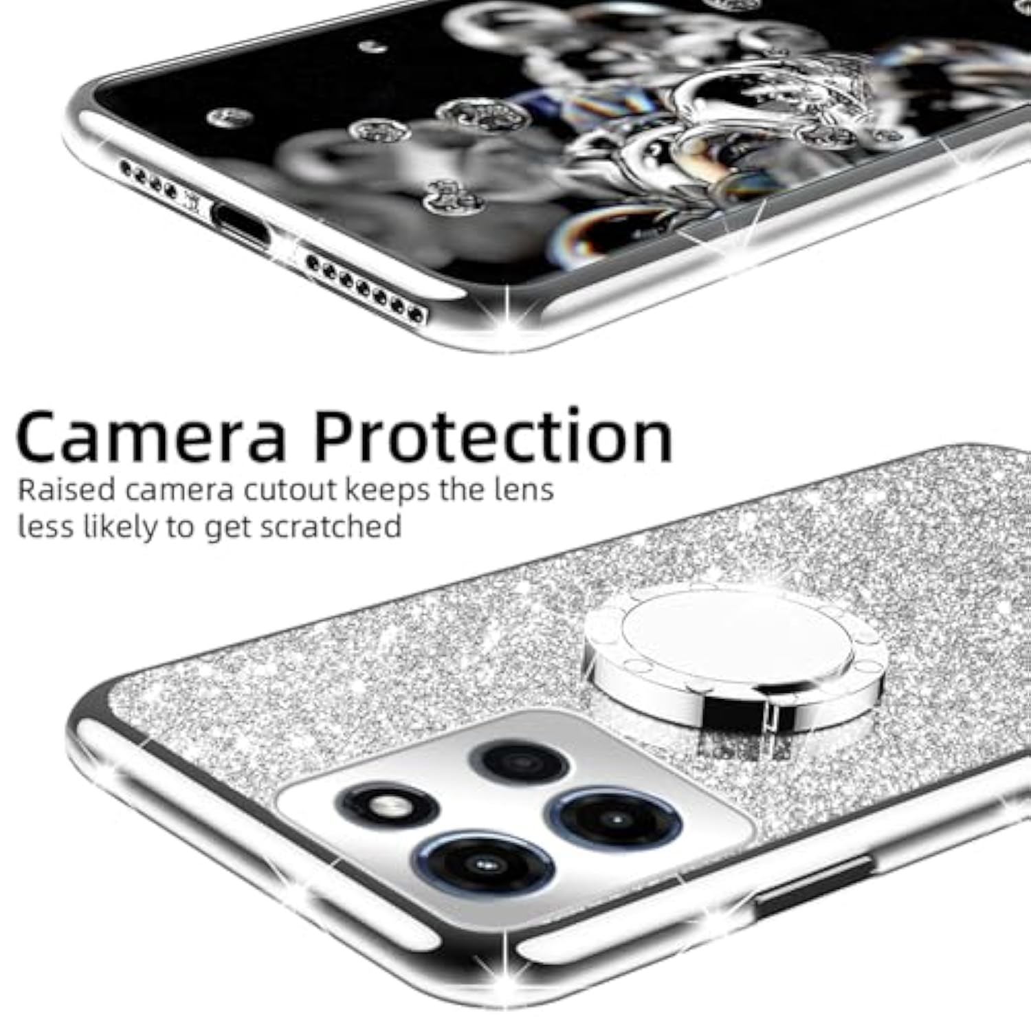 For Motorola Moto G Stylus 5G 2025 Phone Case (6.7-Inch) With Ring Stand Lanyard Girls Women Men Cute Glitter Soft Tpu Shockproof Protection Cover - Silver