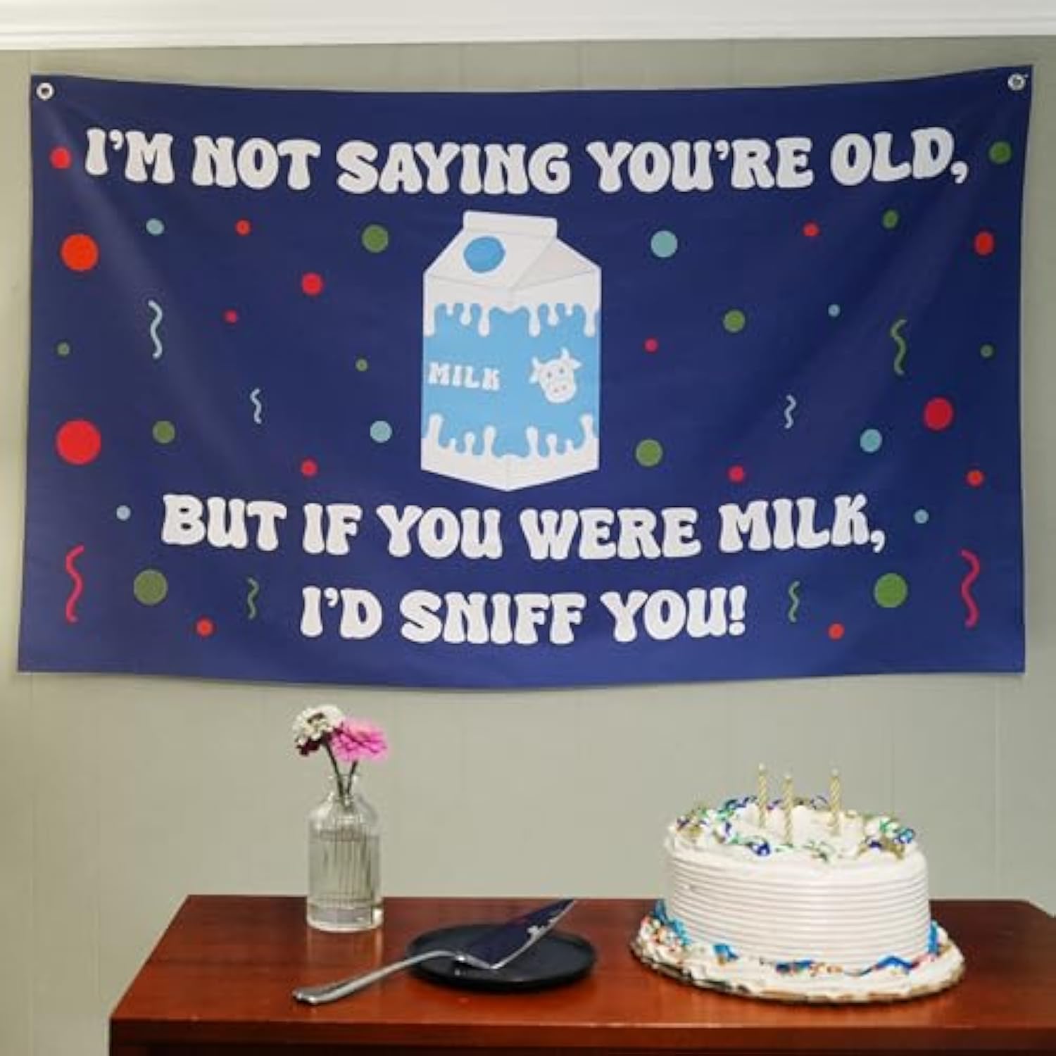 Funny Happy Birthday Banner 60" X 33" – Hilarious Party Decoration For Adults, Gag Gift Décor For Him Or Her – Sarcastic, Bold & Reusable Sign -Milk Sniff