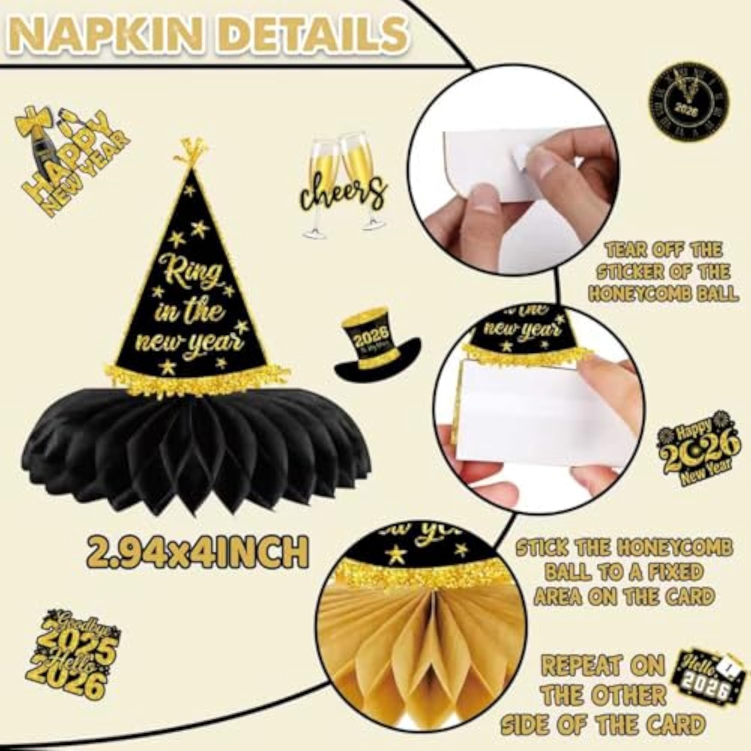 2026 New Year Honeycomb Centerpieces 8pcs Black Gold Table Toppers