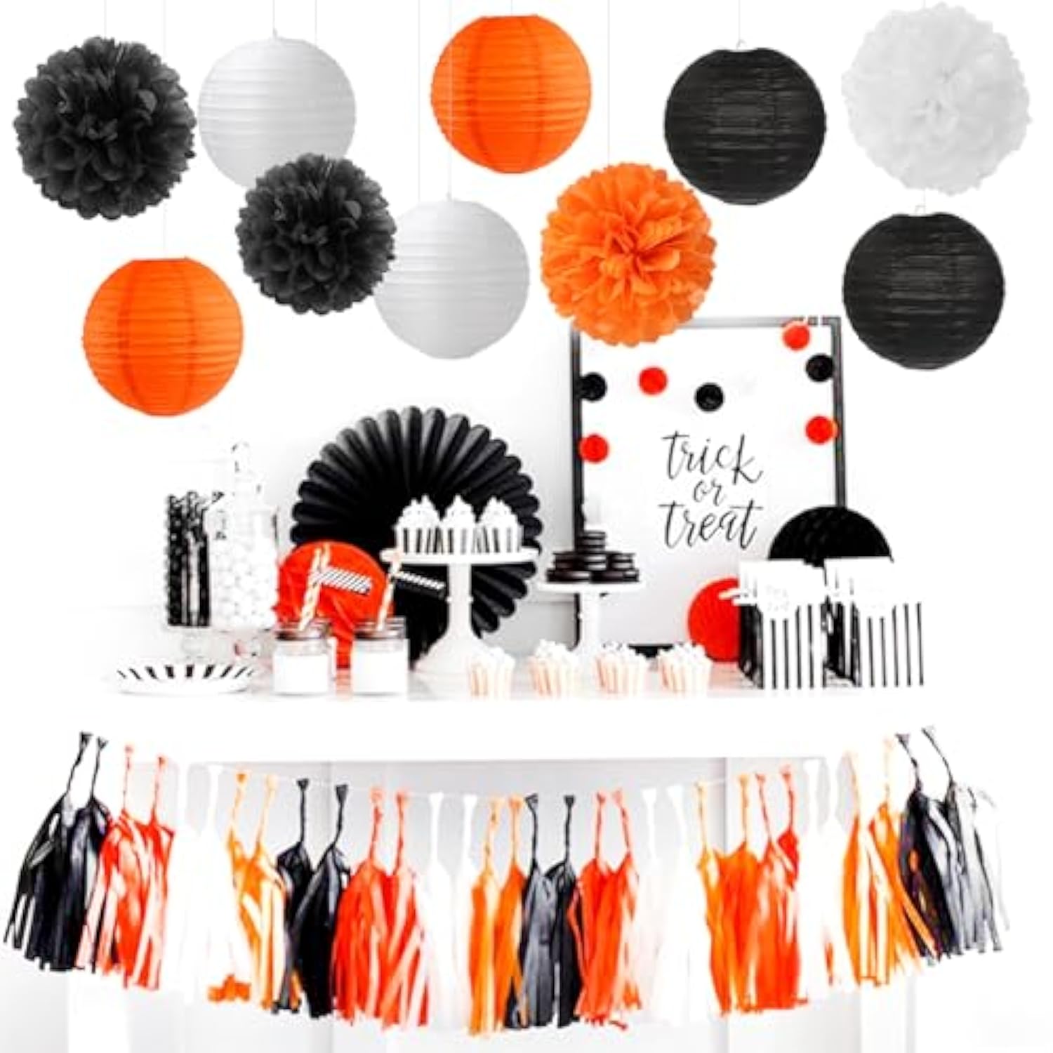 15Pcs Halloween Tissue Pom Poms and Paper Flowers – Orange, Black & White Party Hanging Decorations