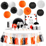 15Pcs Halloween Tissue Pom Poms and Paper Flowers – Orange, Black & White Party Hanging Decorations