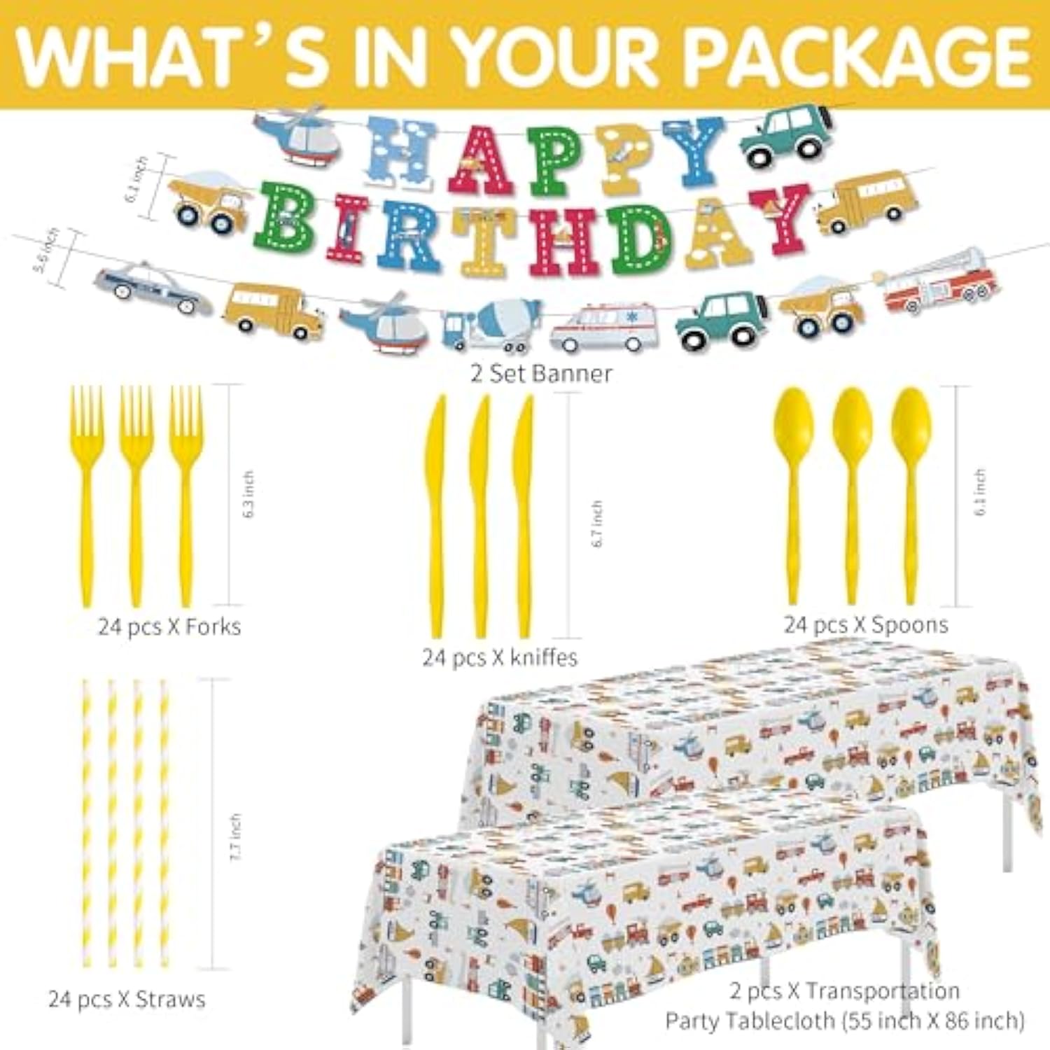 Transportation Birthday Decorations, Traffic Transportation Party Supplies Tableware, Plate, Napkin, Cup, Cutlery, Tablecloth, Banner, Truck Car Construction Vehicle Party Decorations, Serve 24