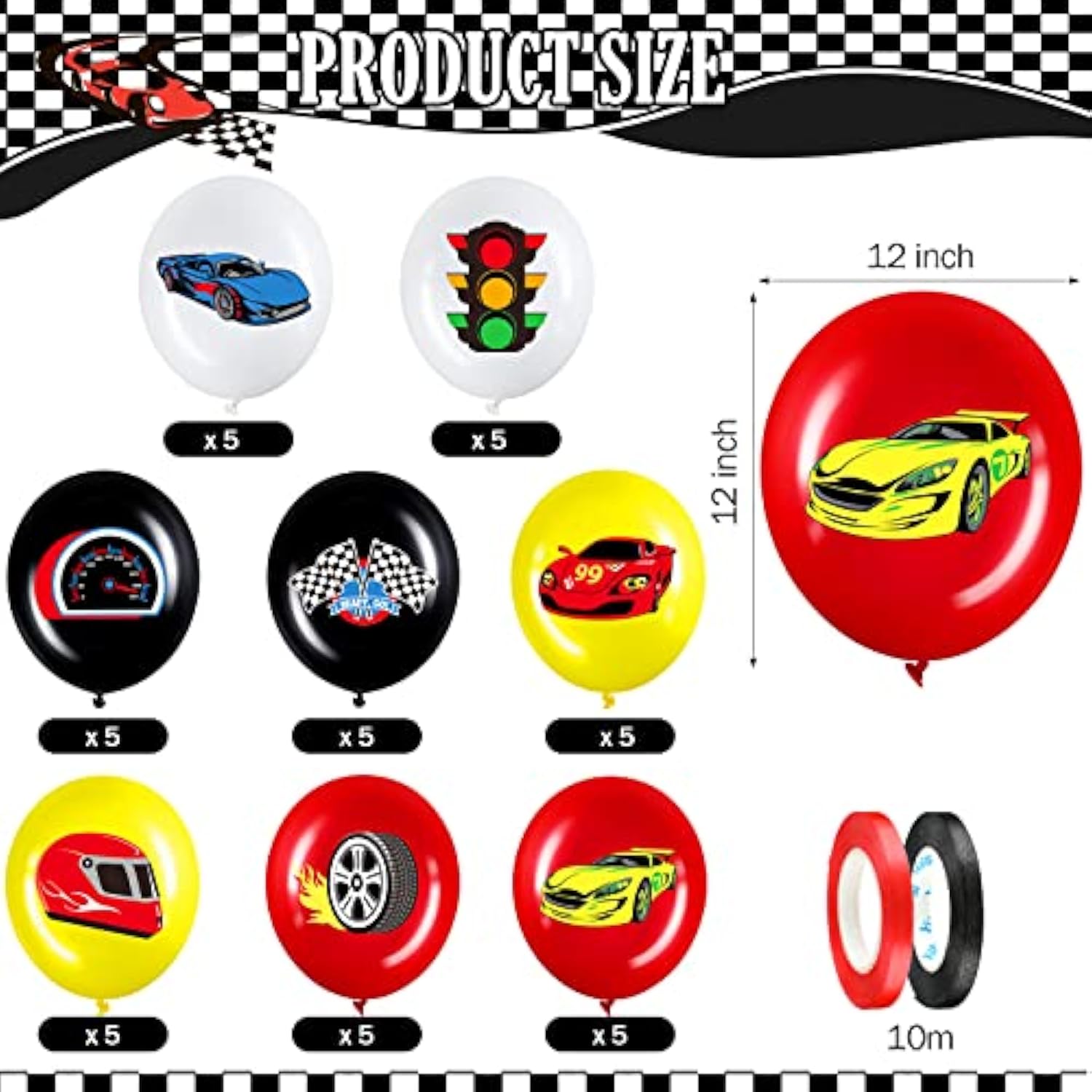 40 Pack Race Cars Balloons Birthday Party Supplies,12 Inch Checkered Flags Racing Party Latex Balloons For Birthday Two Fast Gathering Decorations Supplies