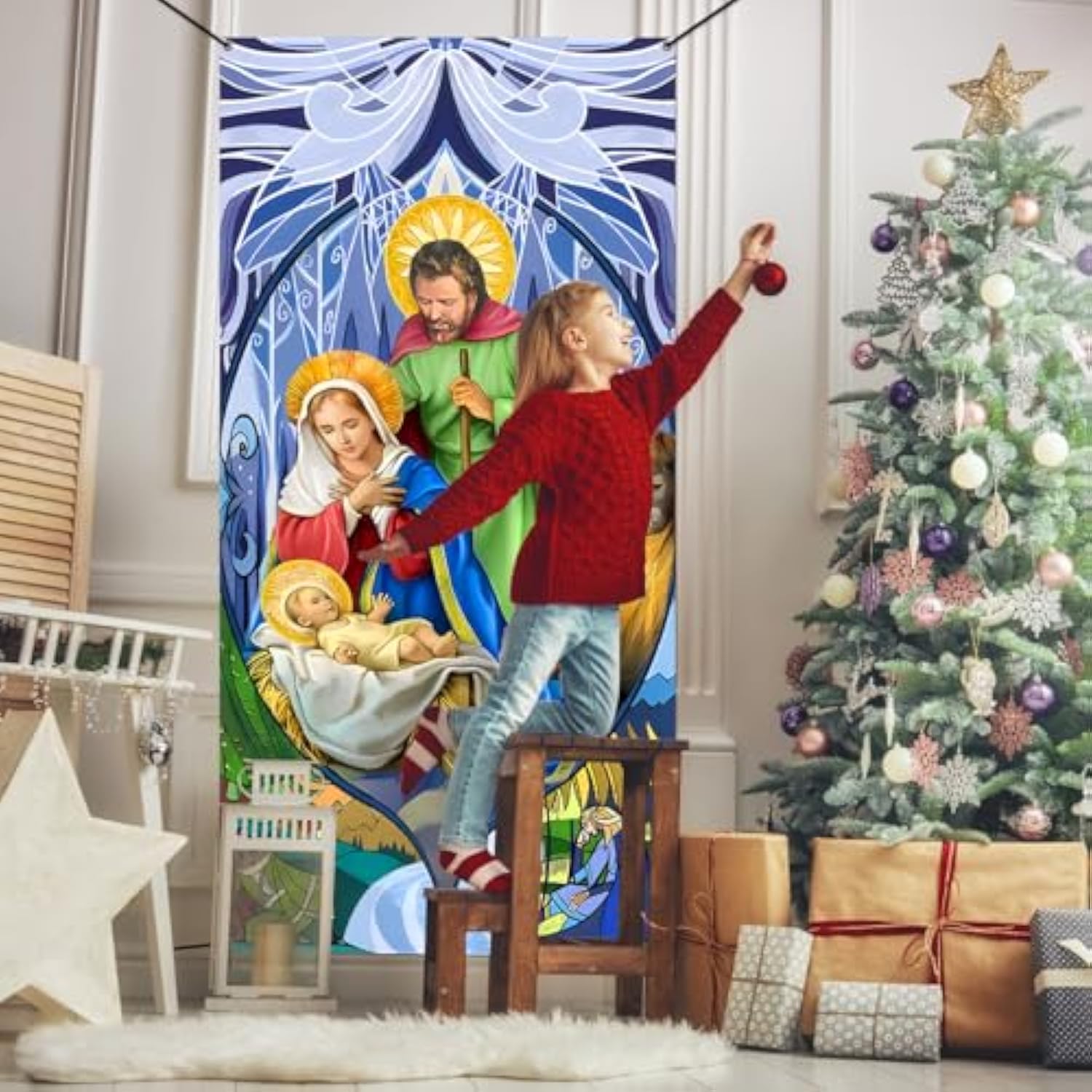 Christmas Decorations Outdoor Holy Nativity Christmas Door Cover Manger Scene Religious Christmas Door Banner Backdrop For Holiday Xmas Party Supplies 72 X 35 Inch