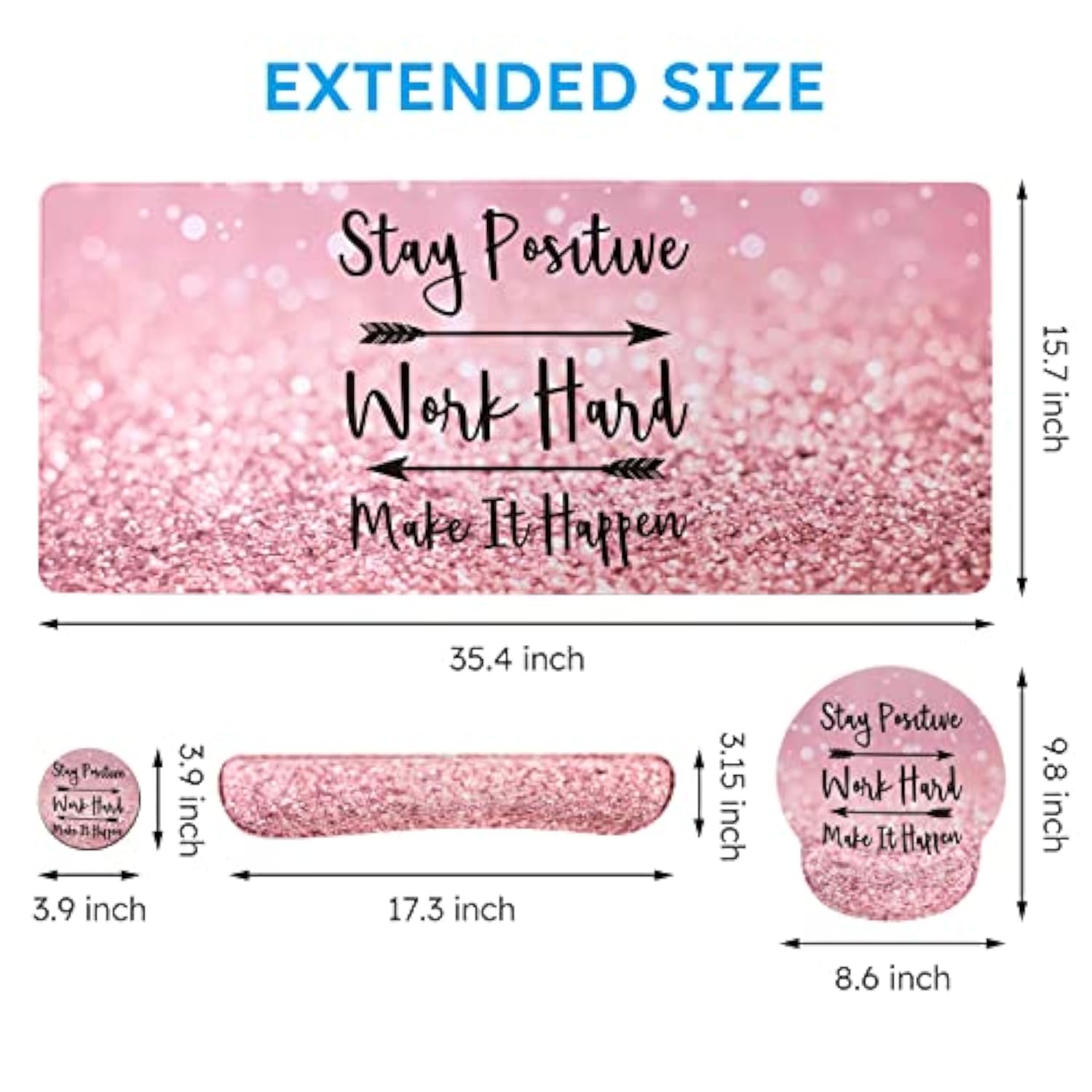 Mouse Pad,Large Pink Desk Mat, 4In1 Xxl Mousepad + Keyboard Wrist Rest+Mouse Wrist Rest+Coaster Set With Ergonomic Desk Pad For Home Office Table Computerpink Stay Positive