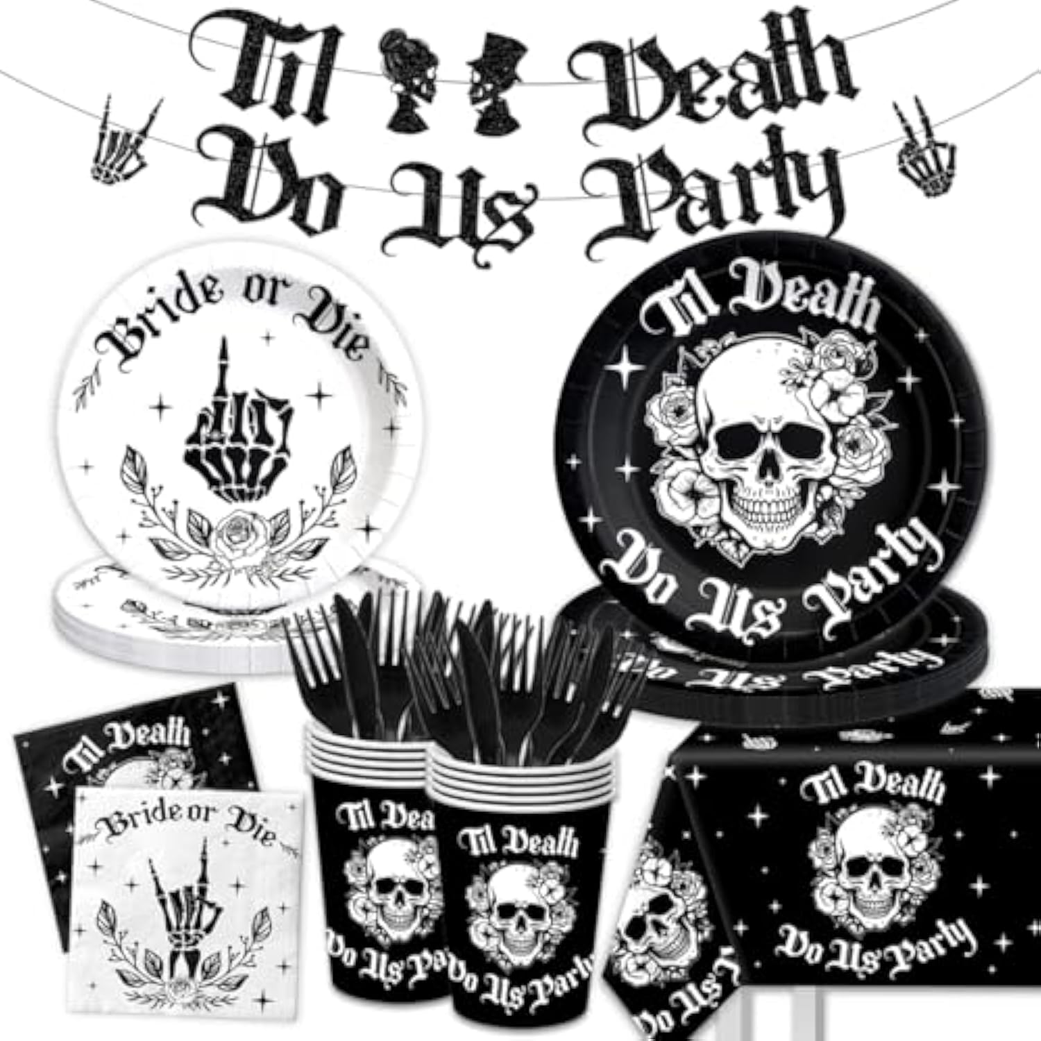 Bride Or Die Bachelorette Party Decorations-142Pcs Til Death Do Us Party Plates And Napkins Kit Skull Gothic Halloween Bachelorette Tableware For Bride Or Die Bridal Shower Engagement