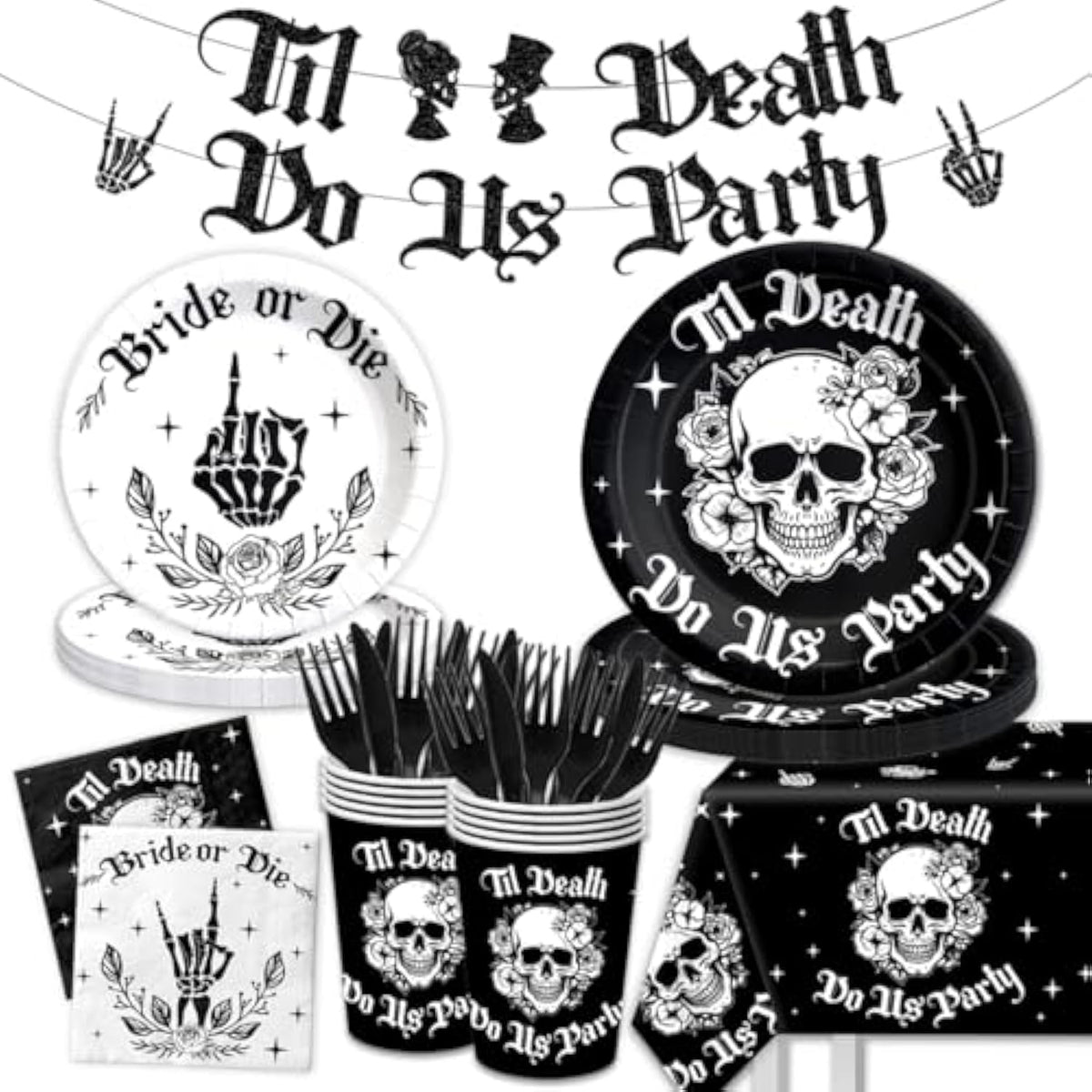 Bride Or Die Bachelorette Party Decorations-142Pcs Til Death Do Us Party Plates And Napkins Kit Skull Gothic Halloween Bachelorette Tableware For Bride Or Die Bridal Shower Engagement