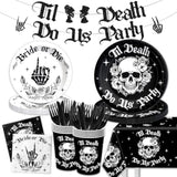 Bride Or Die Bachelorette Party Decorations-142Pcs Til Death Do Us Party Plates And Napkins Kit Skull Gothic Halloween Bachelorette Tableware For Bride Or Die Bridal Shower Engagement