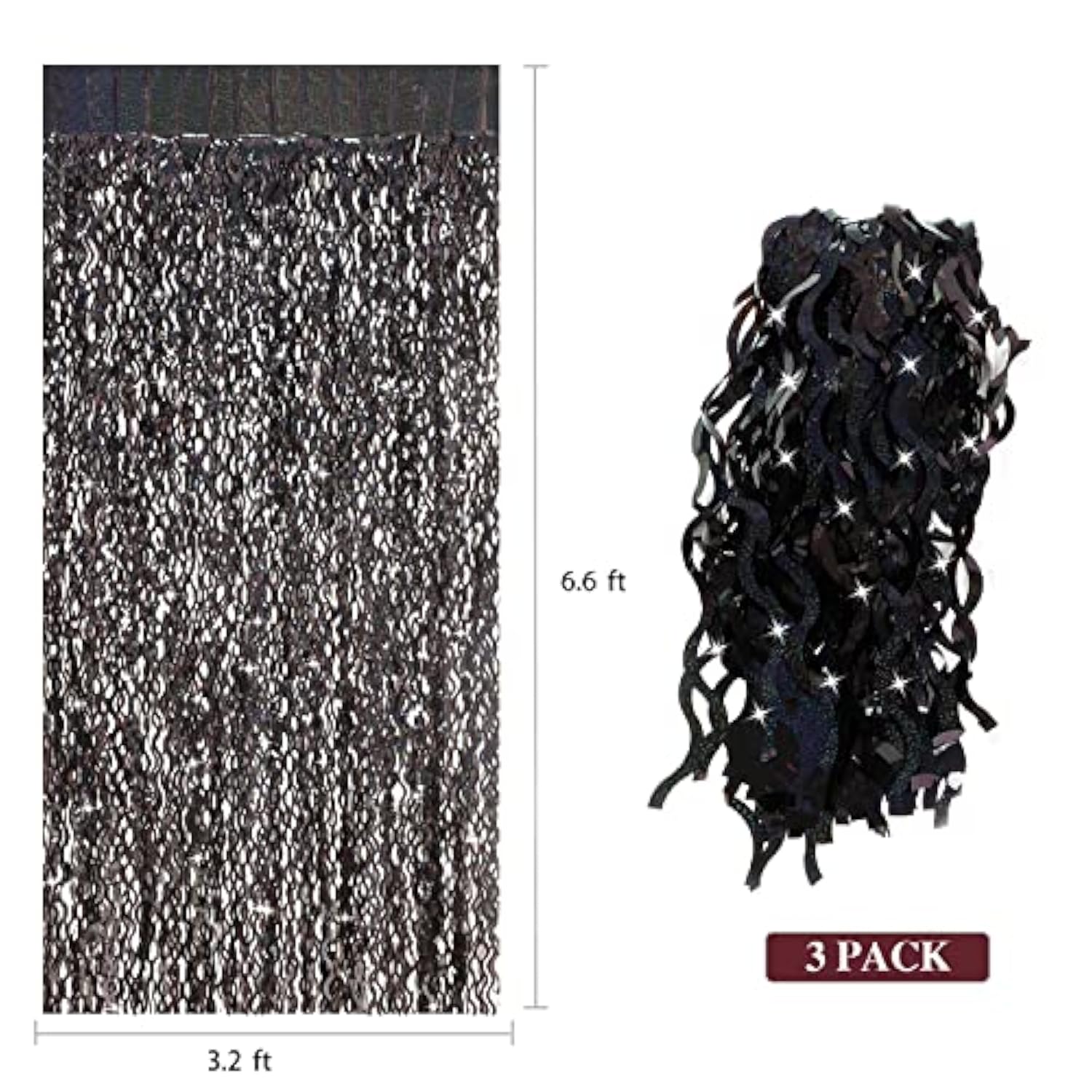 3 Pack Black Foil Fringe Curtains 3.3x6.6ft Sparkle Backdrop for Halloween Party Decor