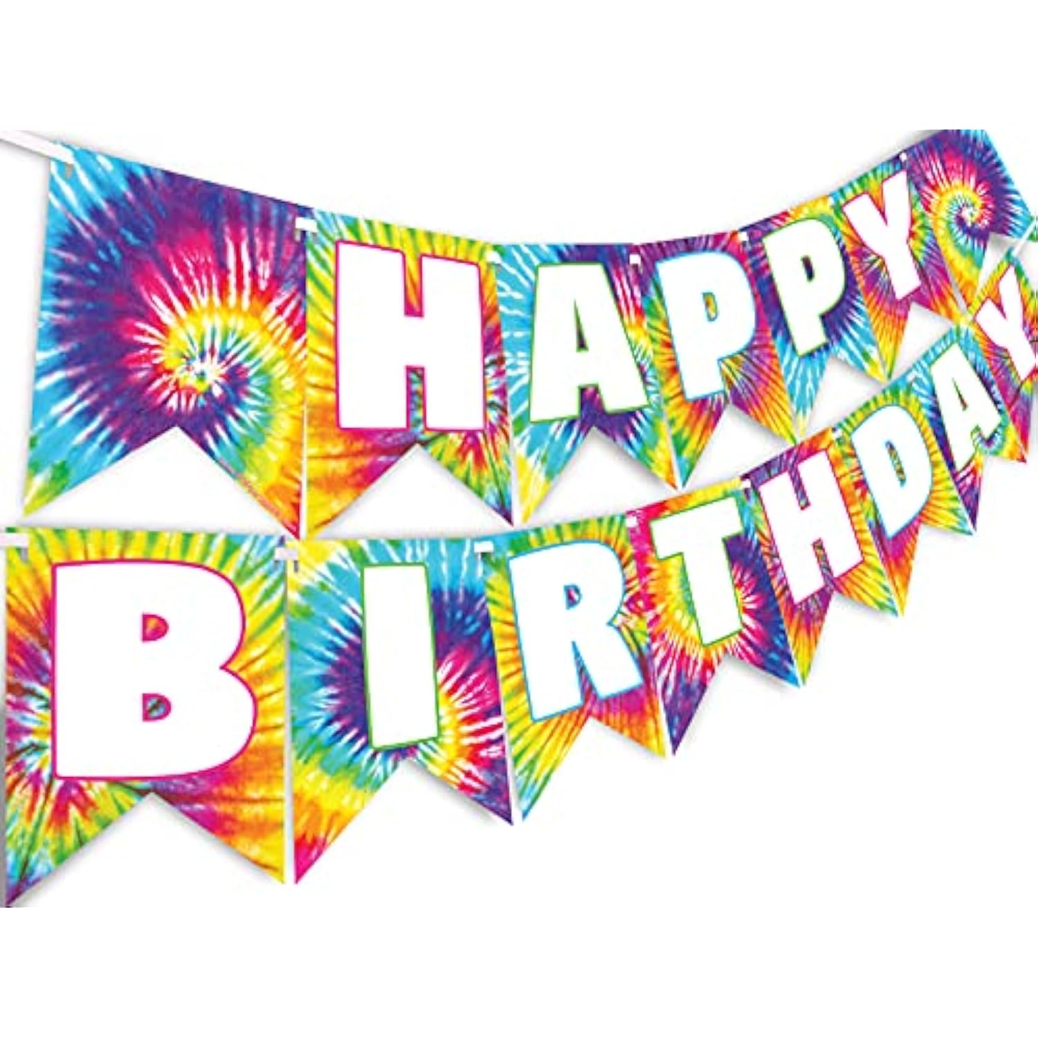 Tie Dye Happy Birthday Banner - Party Supplies Decorations Art Classic, Blue, Green, Red, Orange, Pink, Yellow, White