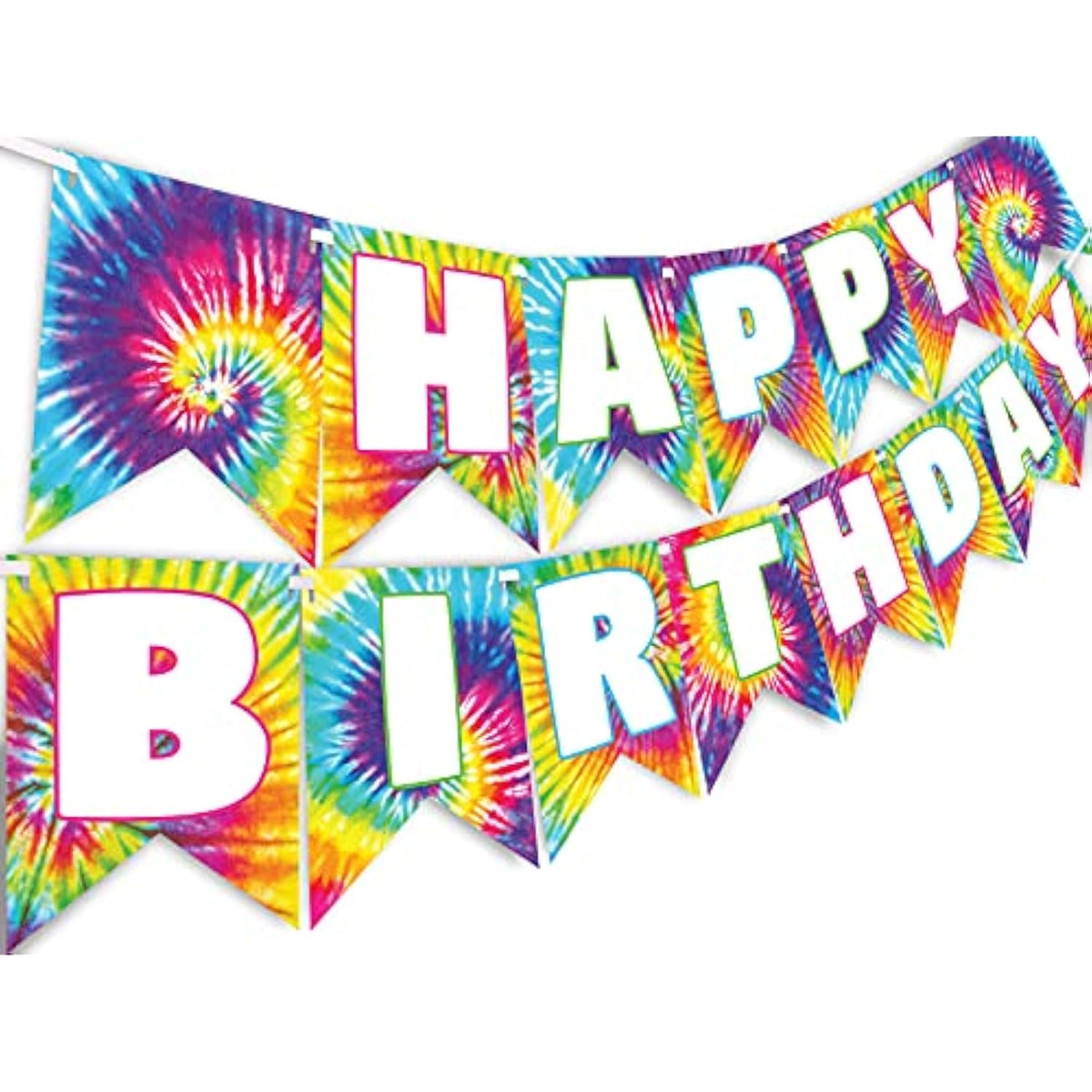 Tie Dye Happy Birthday Banner - Party Supplies Decorations Art Classic, Blue, Green, Red, Orange, Pink, Yellow, White