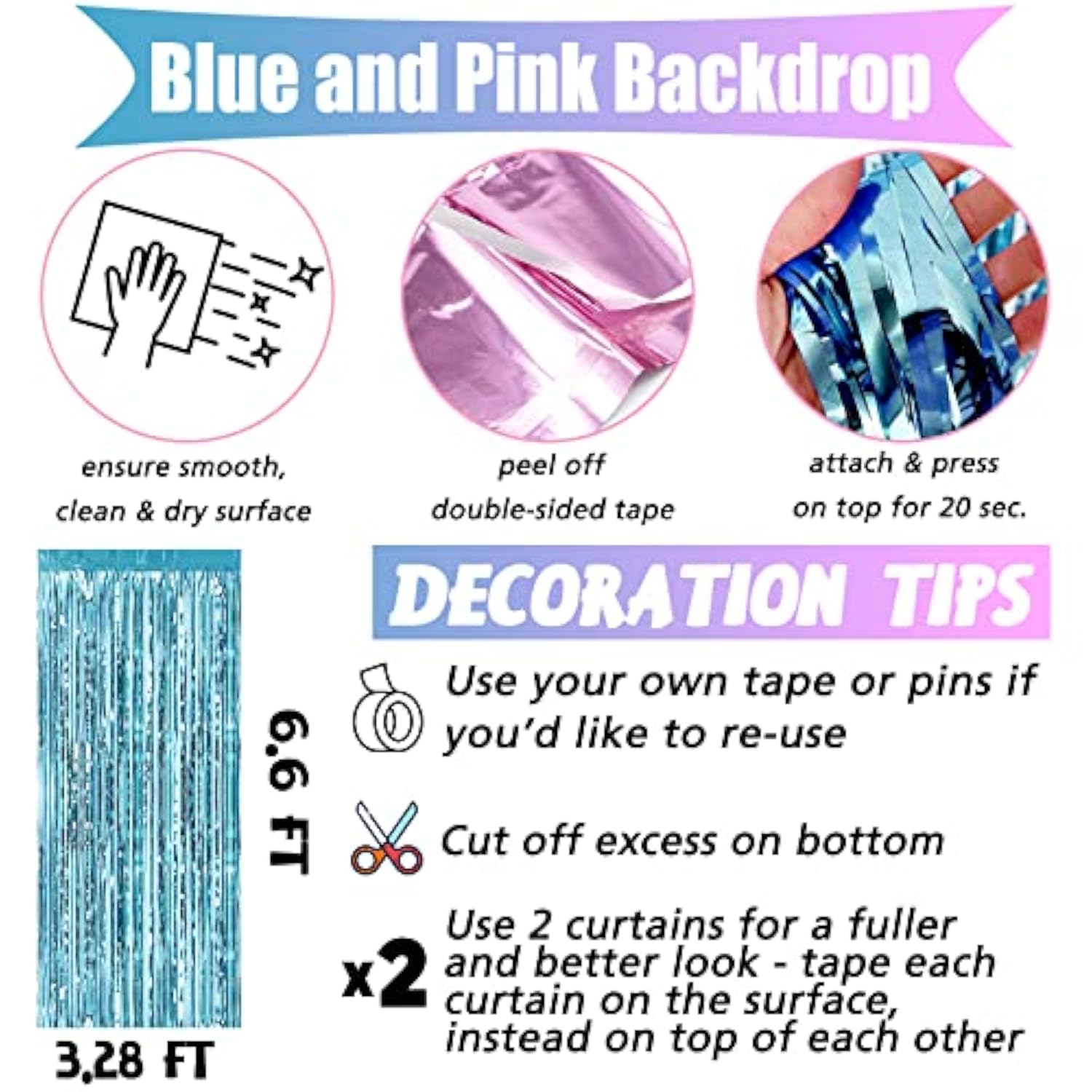 4 Pack 3.2Ft X 6.6Ft Pink Blue Fringe Curtain Backdrop, Metallic Tinsel Foil Fringe Streamers Curtains Background For Photo Booth Wedding Gender Reveal Backdrop Boy Or Girl Birthday Party Decoration