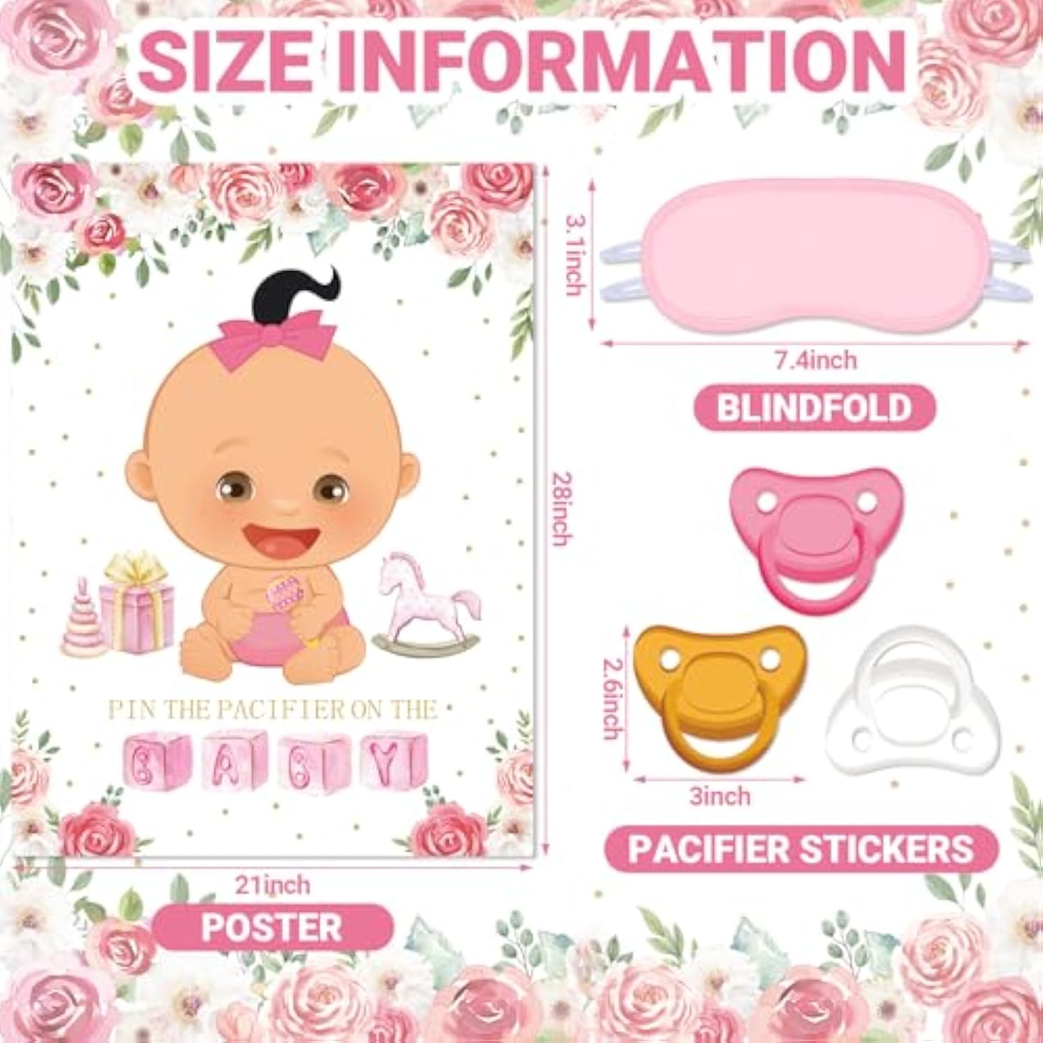 Pin The Pacifier Baby Shower Games Baby Shower Party Decoration Include Large Poster 24 Pacifier Stickers Pink Blindfold Pin Floral Game Set For Birthday Party Decorations Game Supplies(Pink)