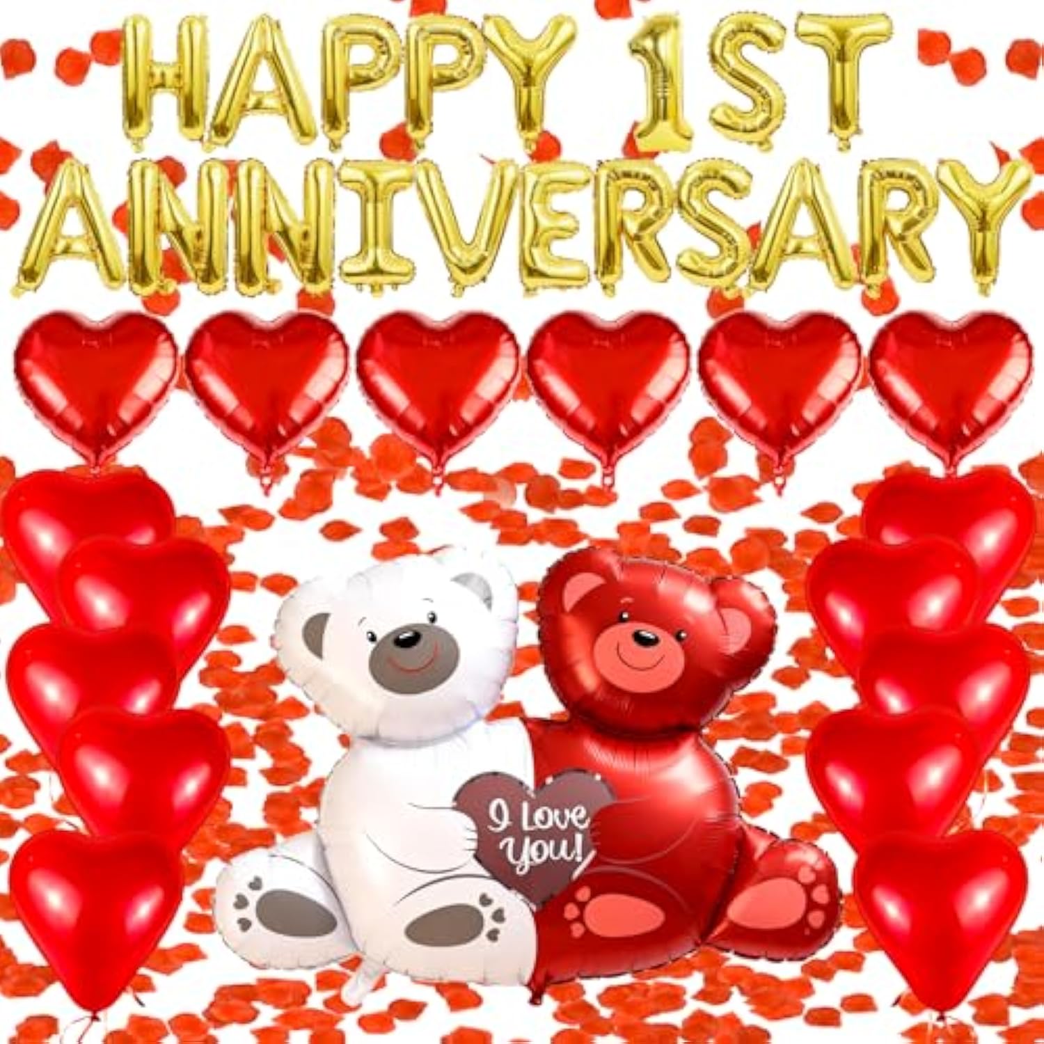 Happy 1St Anniversary Balloons, Happy Anniversary Decorations With 1000 Red Rose, Romantic Anniversary Balloons Set For Valentines Day, Red Heart Balloons For Couple Boyfriend Und Girlfriend