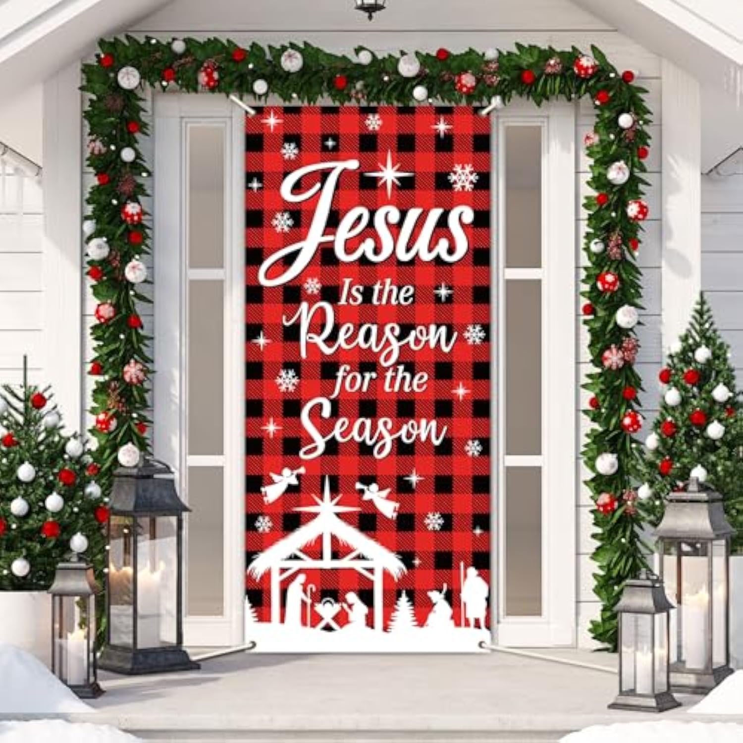 Merry Christmas Door Cover Buffalo Check Plaid Door Decoration Xmas Jesus Is The Reason For The Season Backdrop Nativity Banner Religious Sign For Winter Holiday Outdoor Wall Home Party Supplies