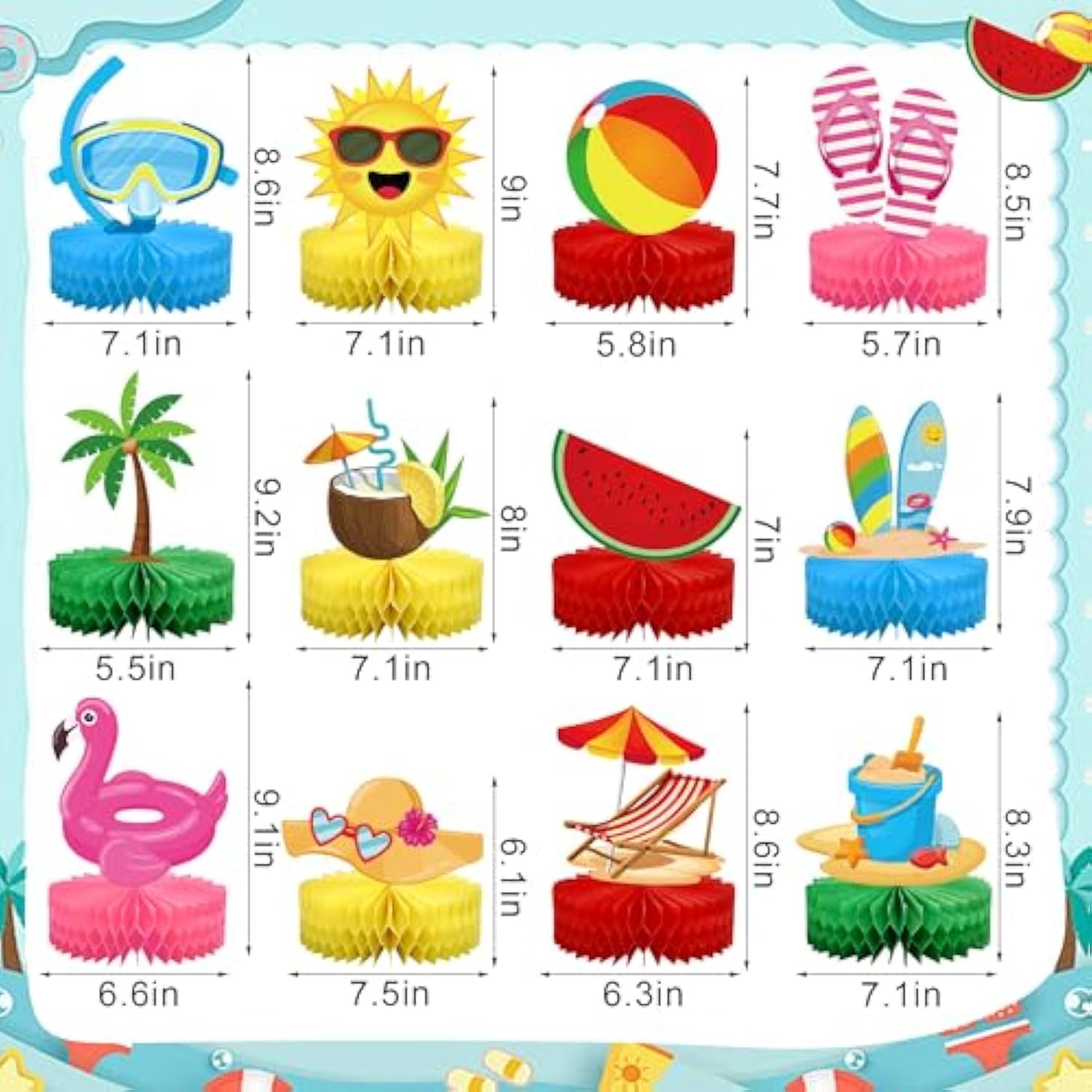 12Pcs Summer Beach Honeycomb Centerpieces Summer Pool Honeycomb Table Decorations Pools Party Tables Centerpieces Hawaiian Theme Birthday Table Topper For Pool Party Beach Favor Supplies
