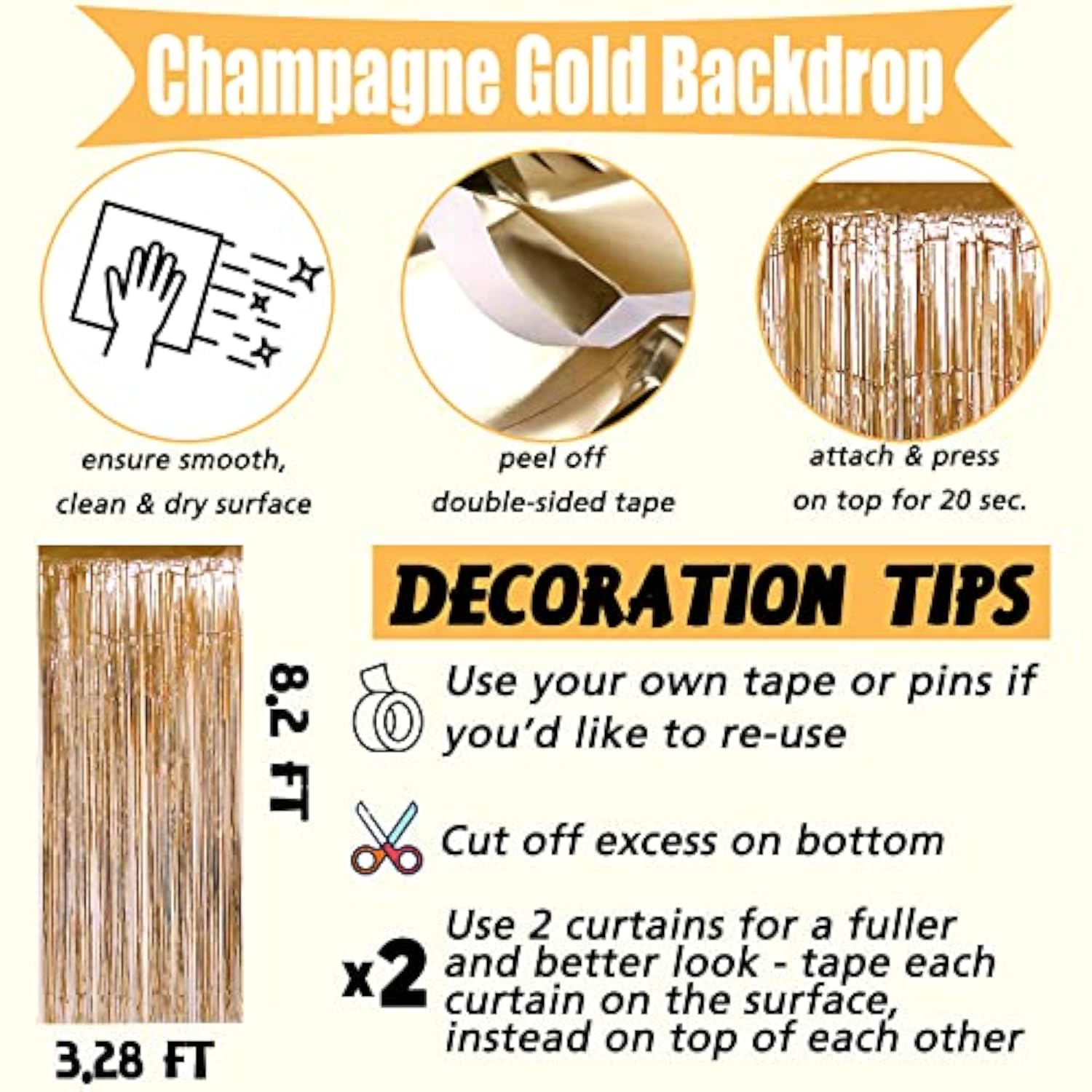 4 Pack Champagne Gold Fringe Curtain Backdrop, 3.2Ft X 8.2Ft Metallic Tinsel Foil Fringe Streamers Background For Photo Booth Birthday Wedding Baby Shower Carnival Easter Mother’S Day Party Decoration