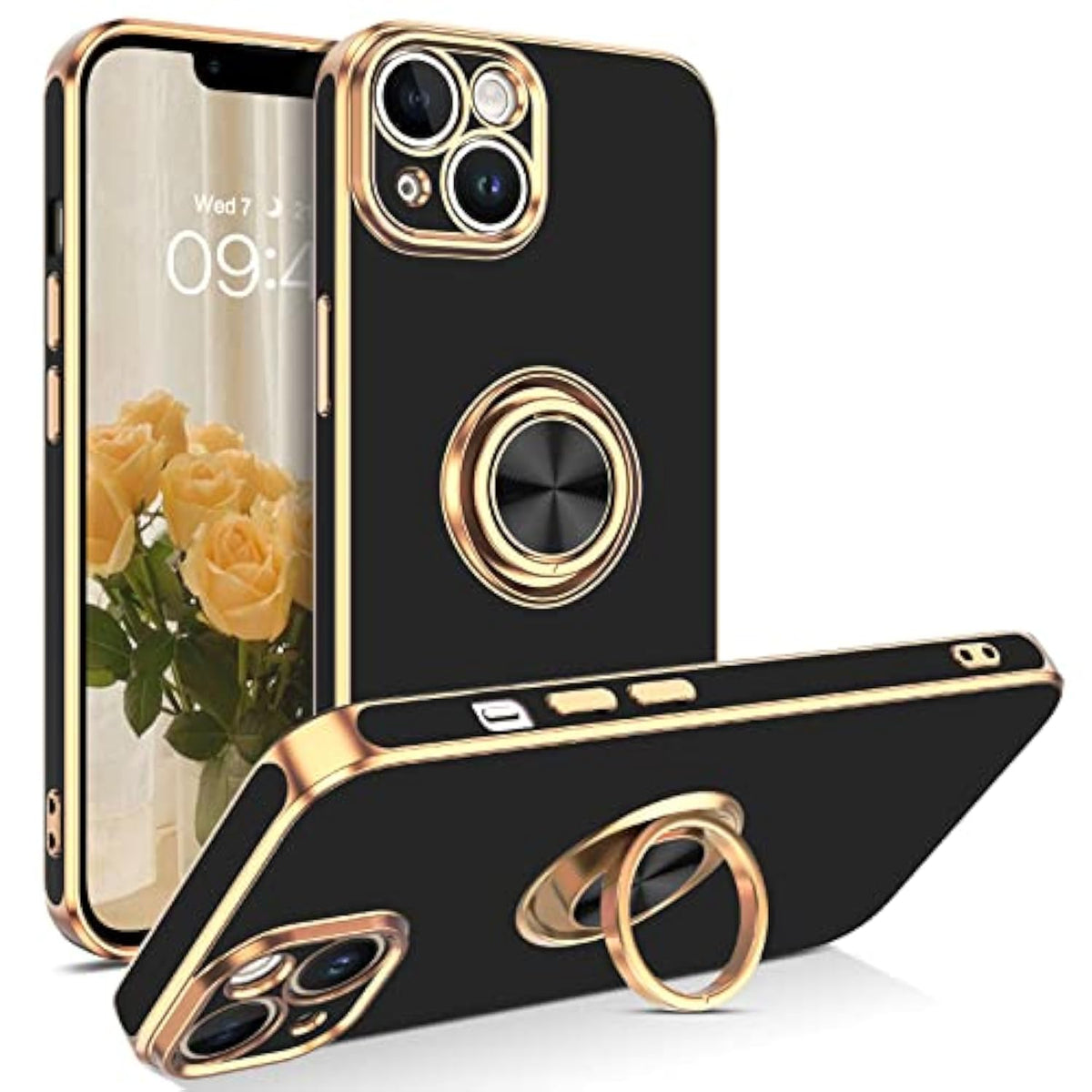 Iphone 14 Case,Phone Case For Iphone 14,Slim Fit Soft 360° Ring Holder Kickstand Magnetic Car Mount Supported Easy Clean Shockproof Protective Cover For Apple Iphone 14 6.1" 2022, Black/Golden