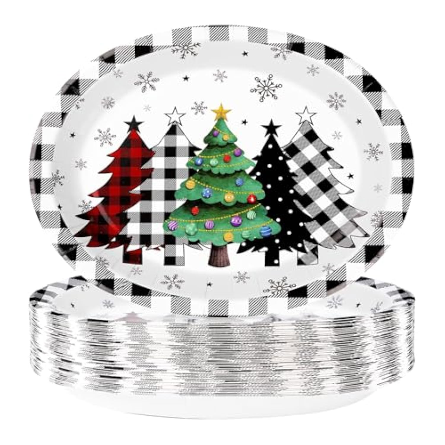 50Pcs Christmas Paper Plates Buffalo Plaid Christmas Trees Disposable Oval Plates 10" X 12" Heavy Duty 400Gsm Black White Buffalo Plaid Christmas Trees Dinner Plates For Merry Christmas Party Holiday