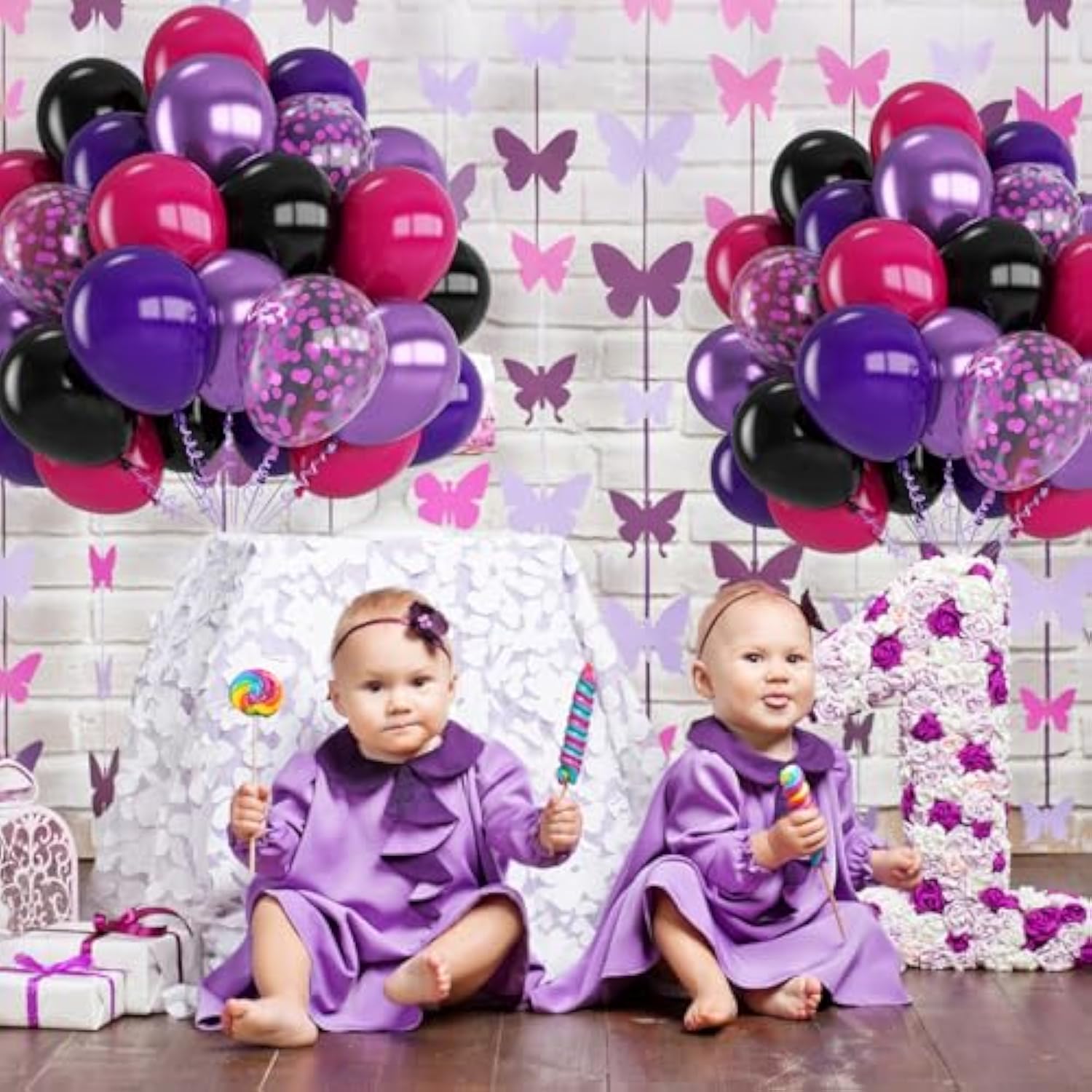 Black Purple Balloons, 12 Inch Hot Pink Black Party Balloons, Metallic Purple Black Hot Pink Matte Purple Latex Balloon With Confetti Balloon For Kids Girls Birthday Baby Shower Party Decorations