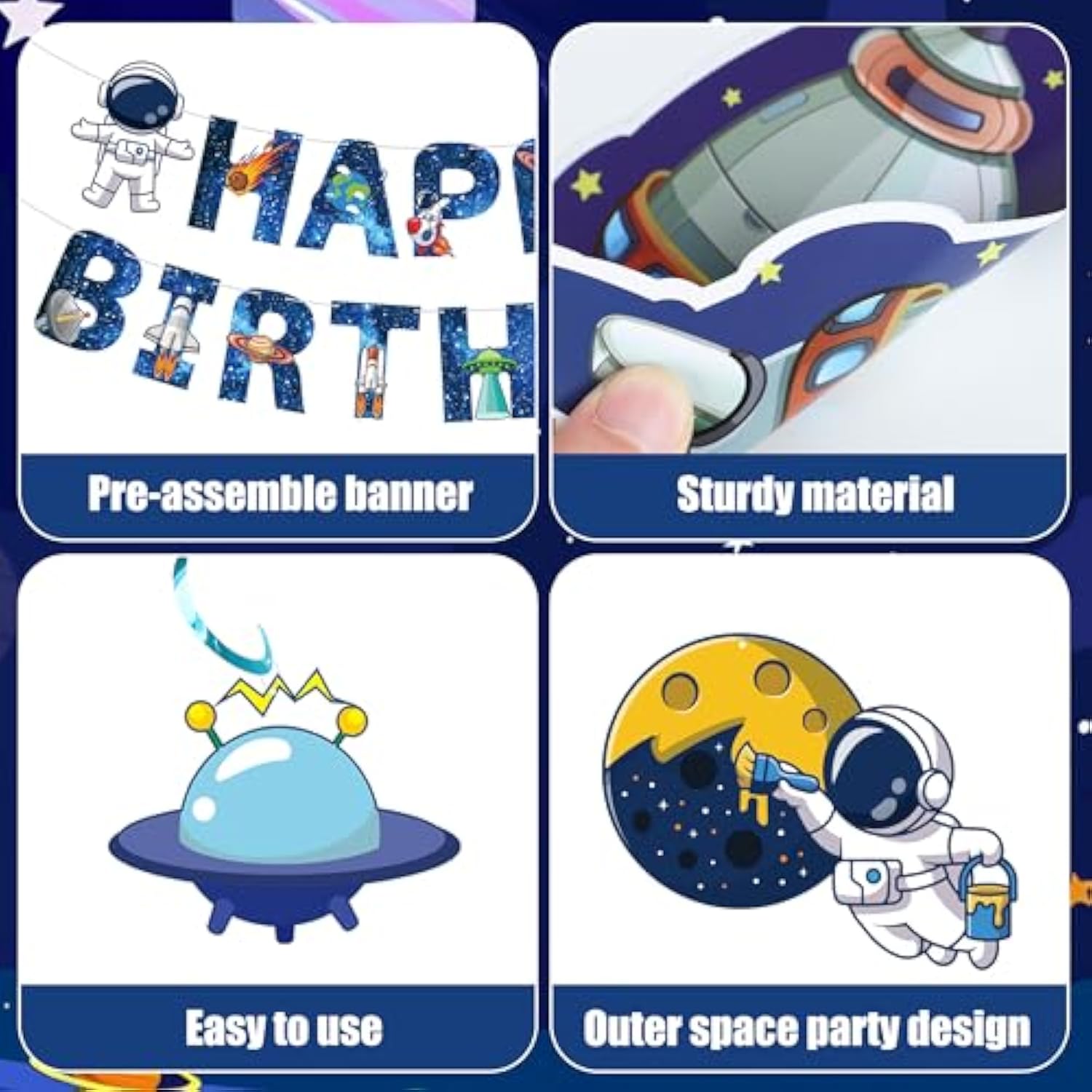 50 Pcs Outer Space Party Decorations Blue Astronaut Ship Happy Birthday Banner Solar System Theme Hanging Swirls Streamers For Birthday Outer Space Party Decorations